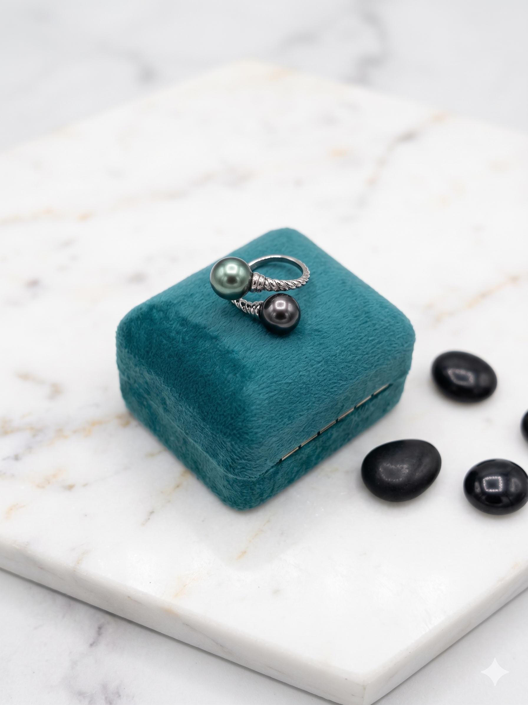 Double Tahitian Pearl Ring — Peacock & Platinum, Adjustable Band
