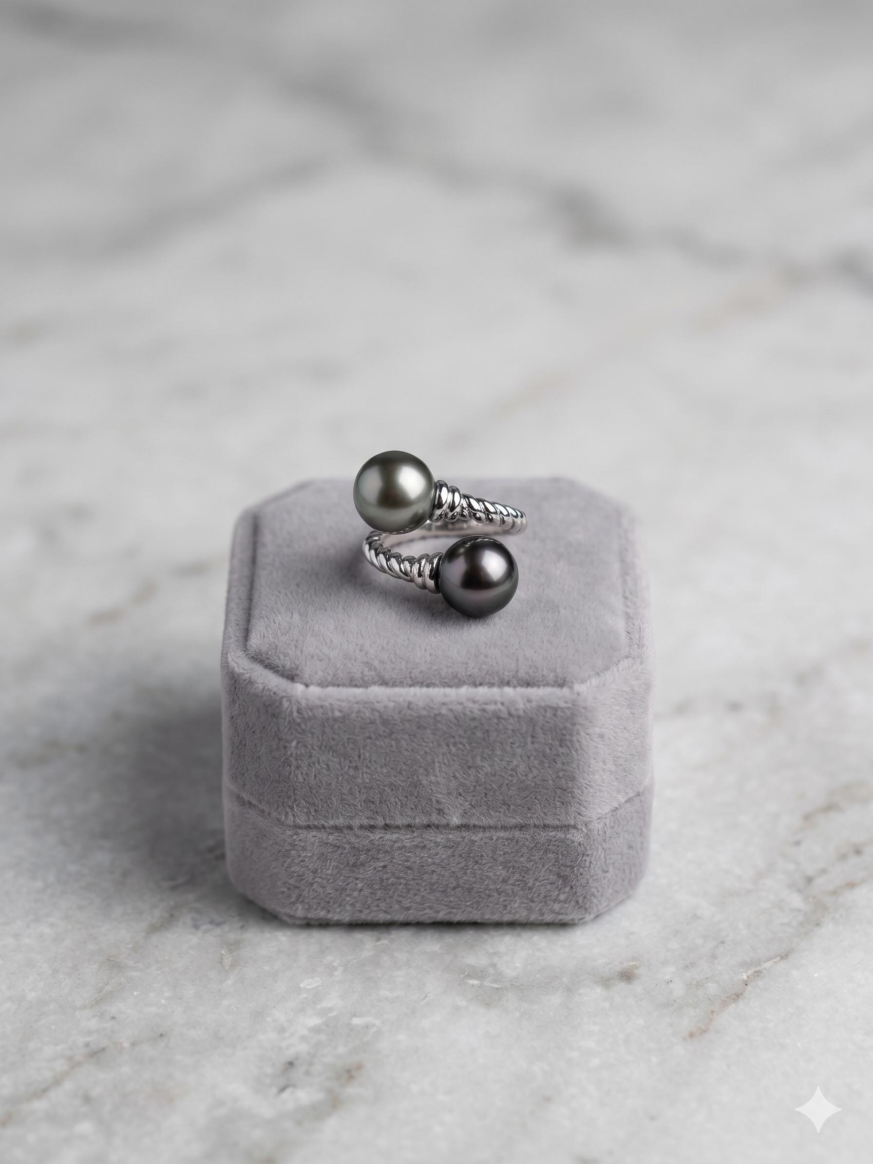Double Tahitian Pearl Ring — Peacock & Platinum, Adjustable Band