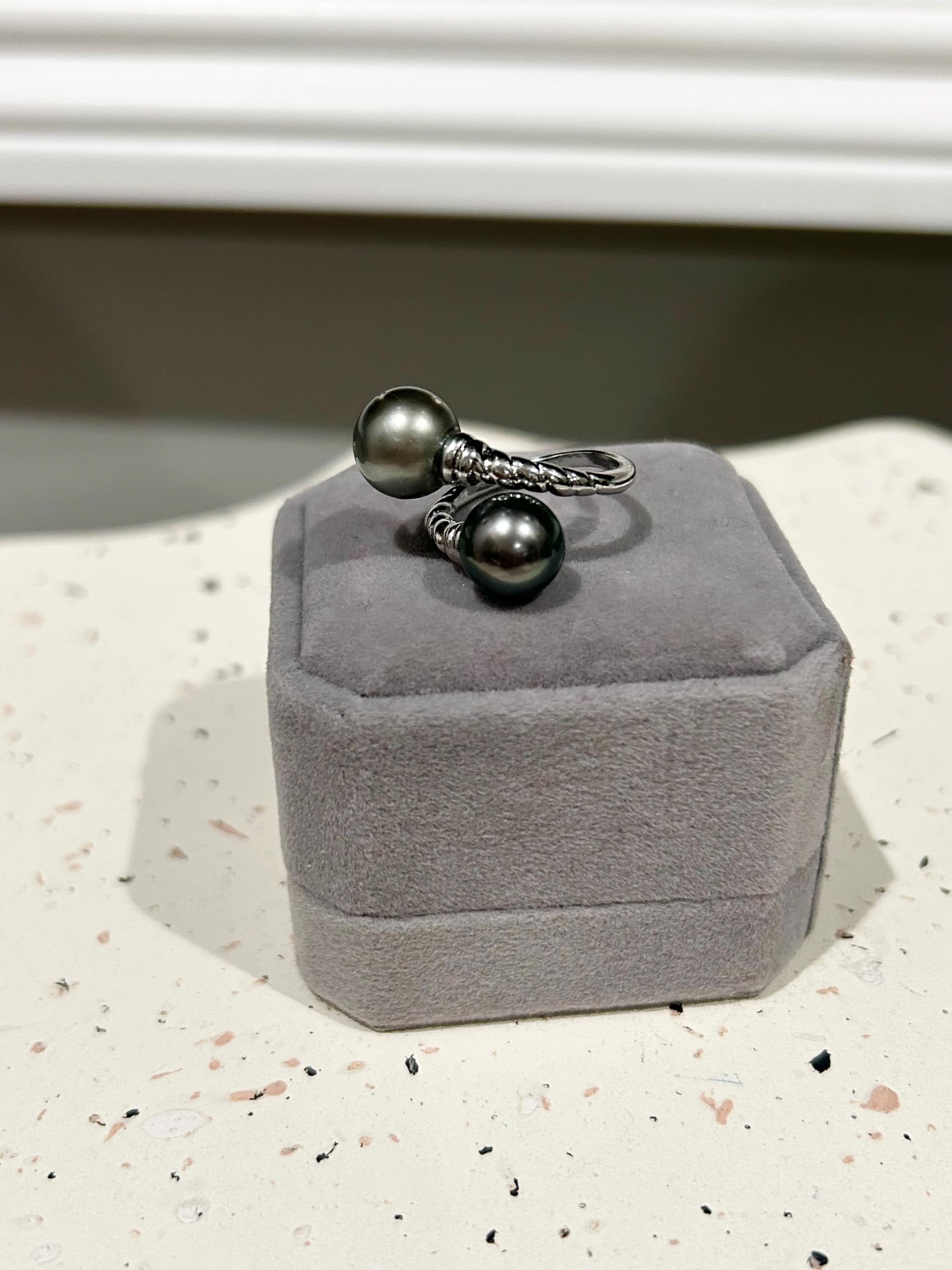 Double Tahitian Pearl Ring — Peacock & Platinum, Adjustable Band