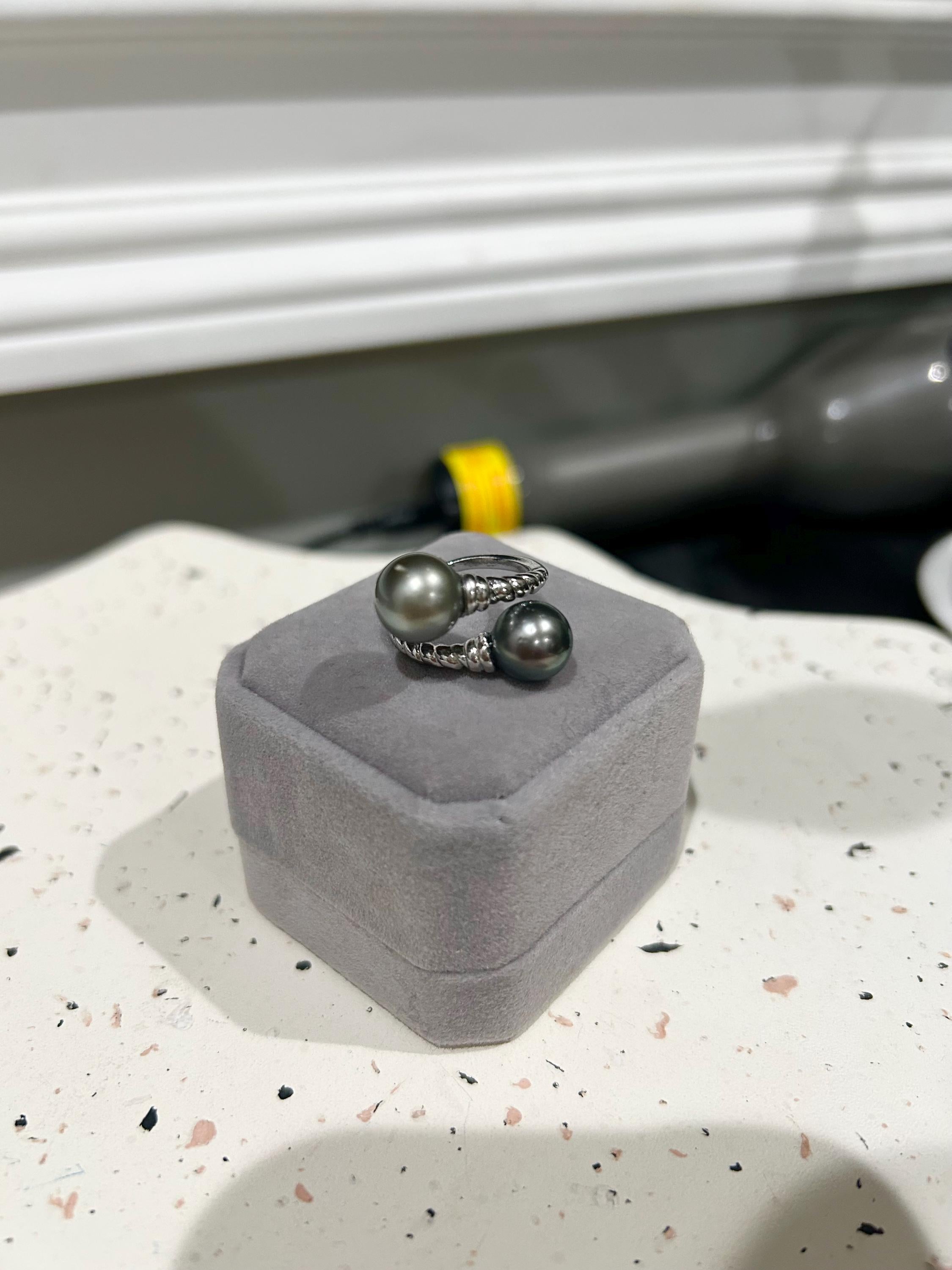 Double Tahitian Pearl Ring — Peacock & Platinum, Adjustable Band
