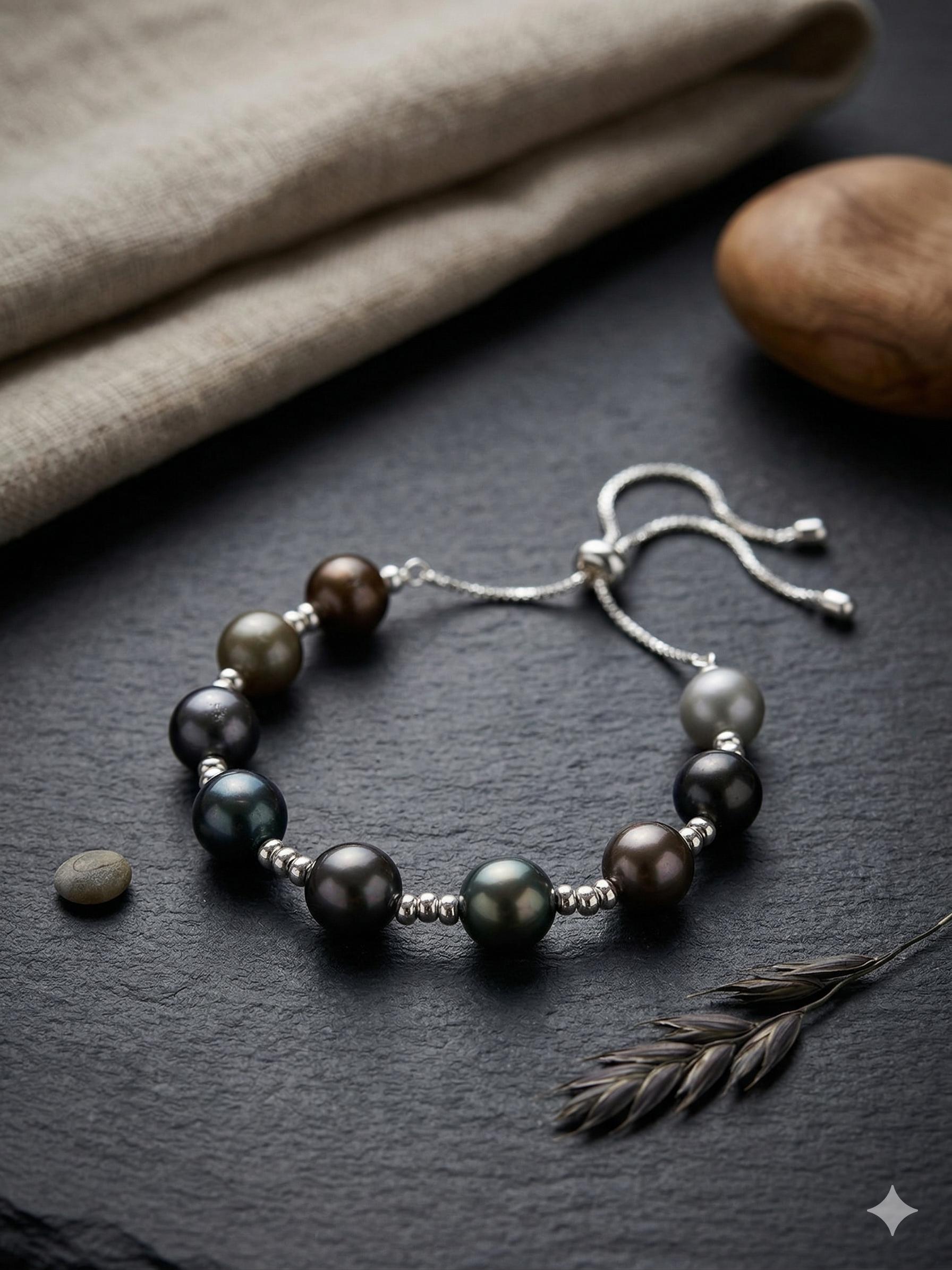 Iridescent Multicolor Tahitian Pearl Bracelet — Silver Tone, Adjustable