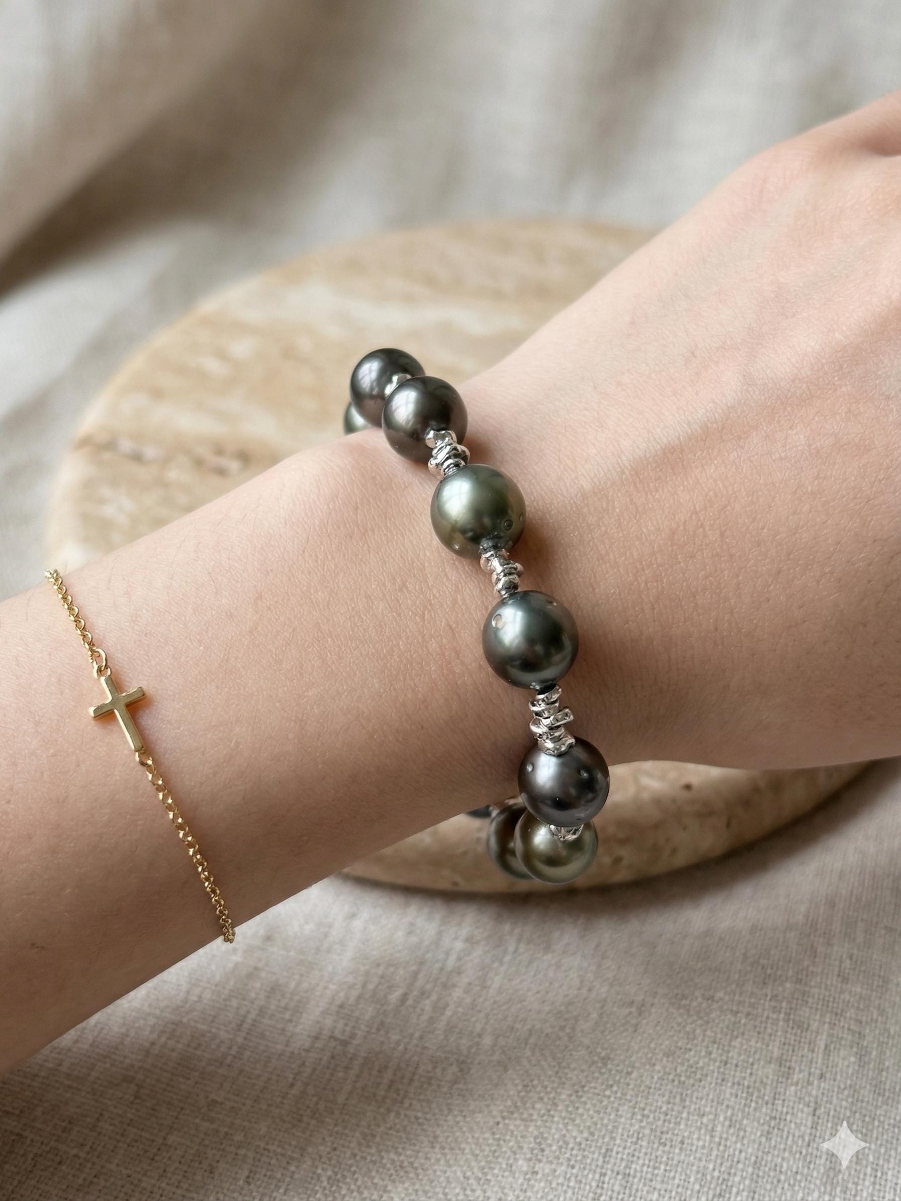 Iridescent Multicolor Tahitian Pearl Bracelet — Silver Tone, Adjustable