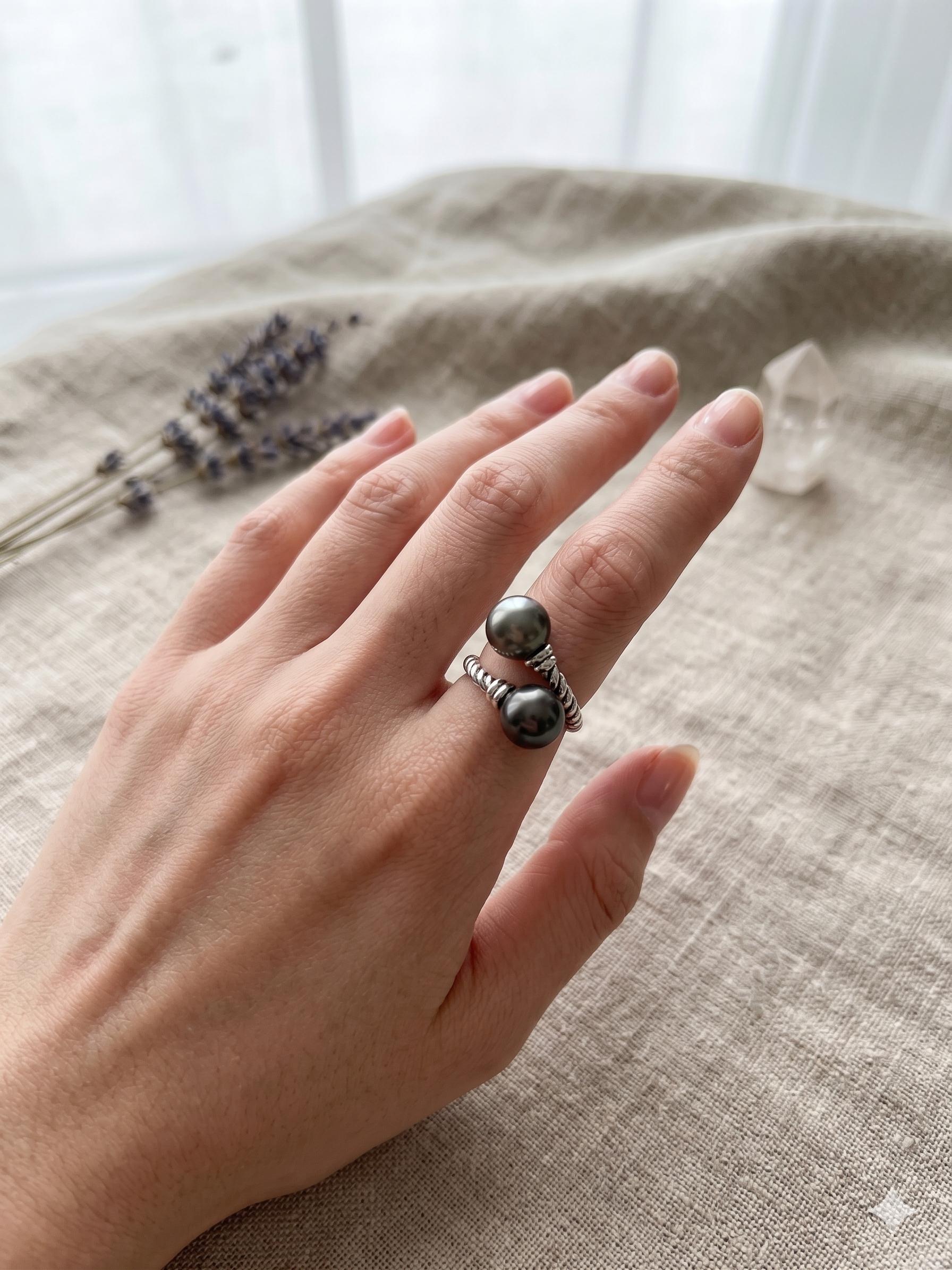 Double Tahitian Pearl Ring — Peacock & Platinum, Adjustable Band