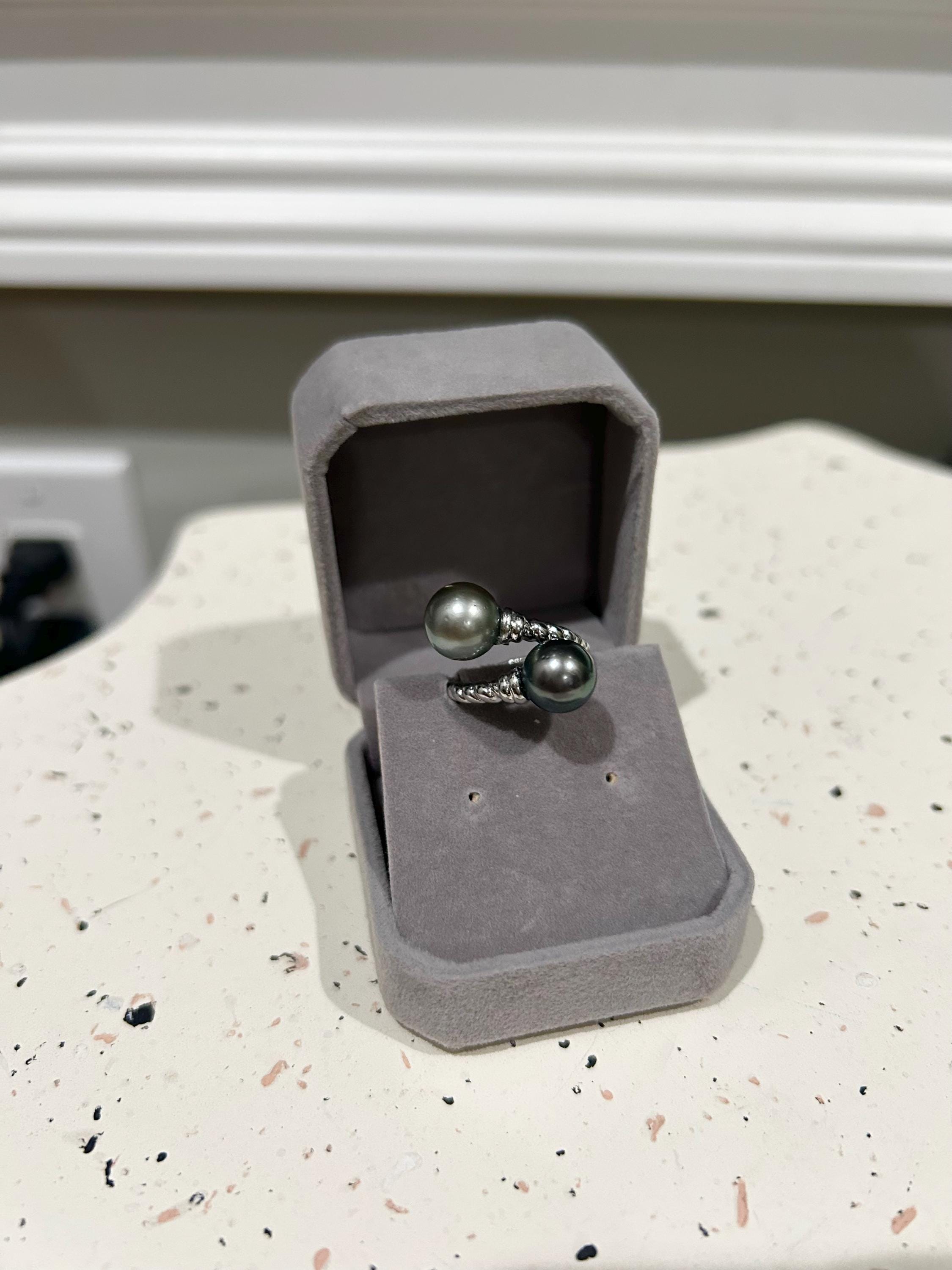 Double Tahitian Pearl Ring — Peacock & Platinum, Adjustable Band