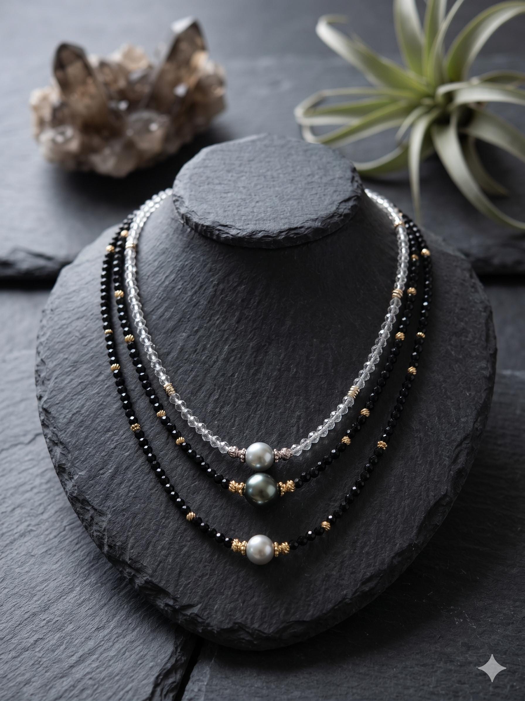 Tahitian & Akoya Pearl Necklace with Black Spinel – Minimalist Contrast