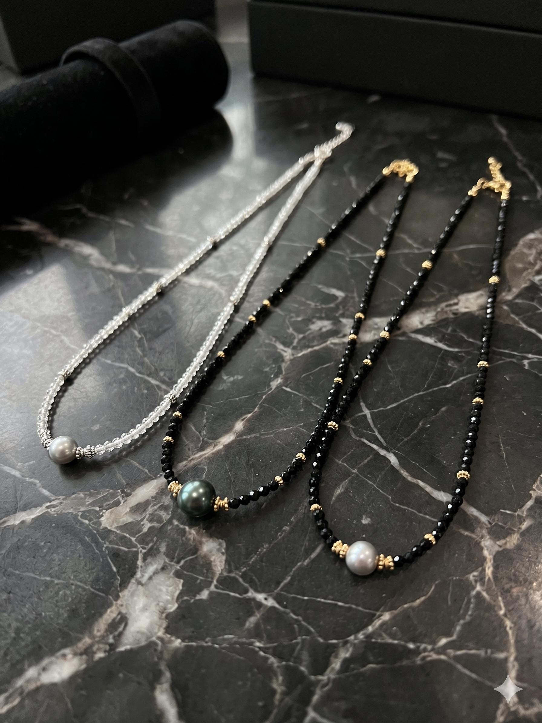 Tahitian & Akoya Pearl Necklace with Black Spinel – Minimalist Contrast