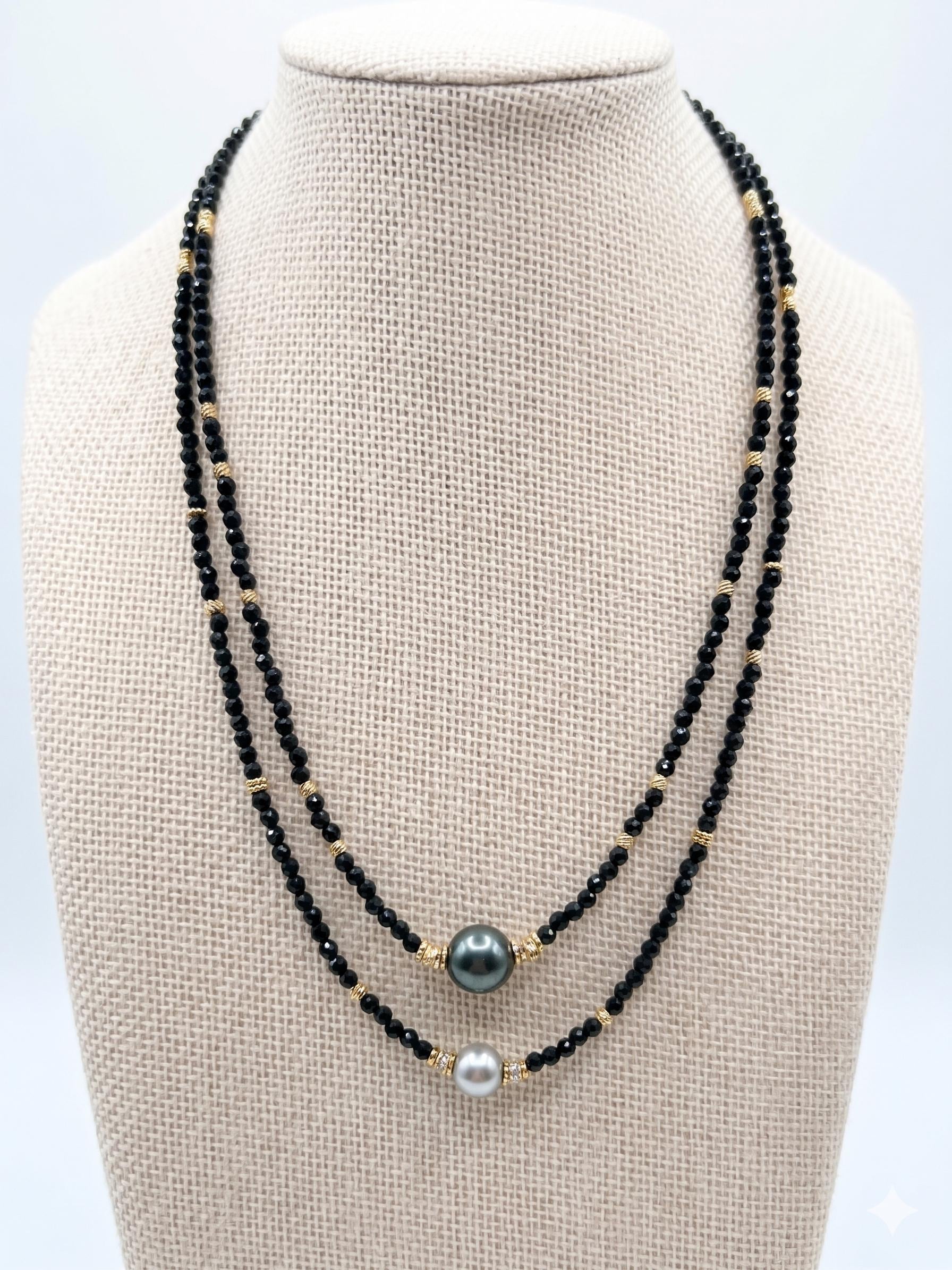 Tahitian & Akoya Pearl Necklace with Black Spinel – Minimalist Contrast