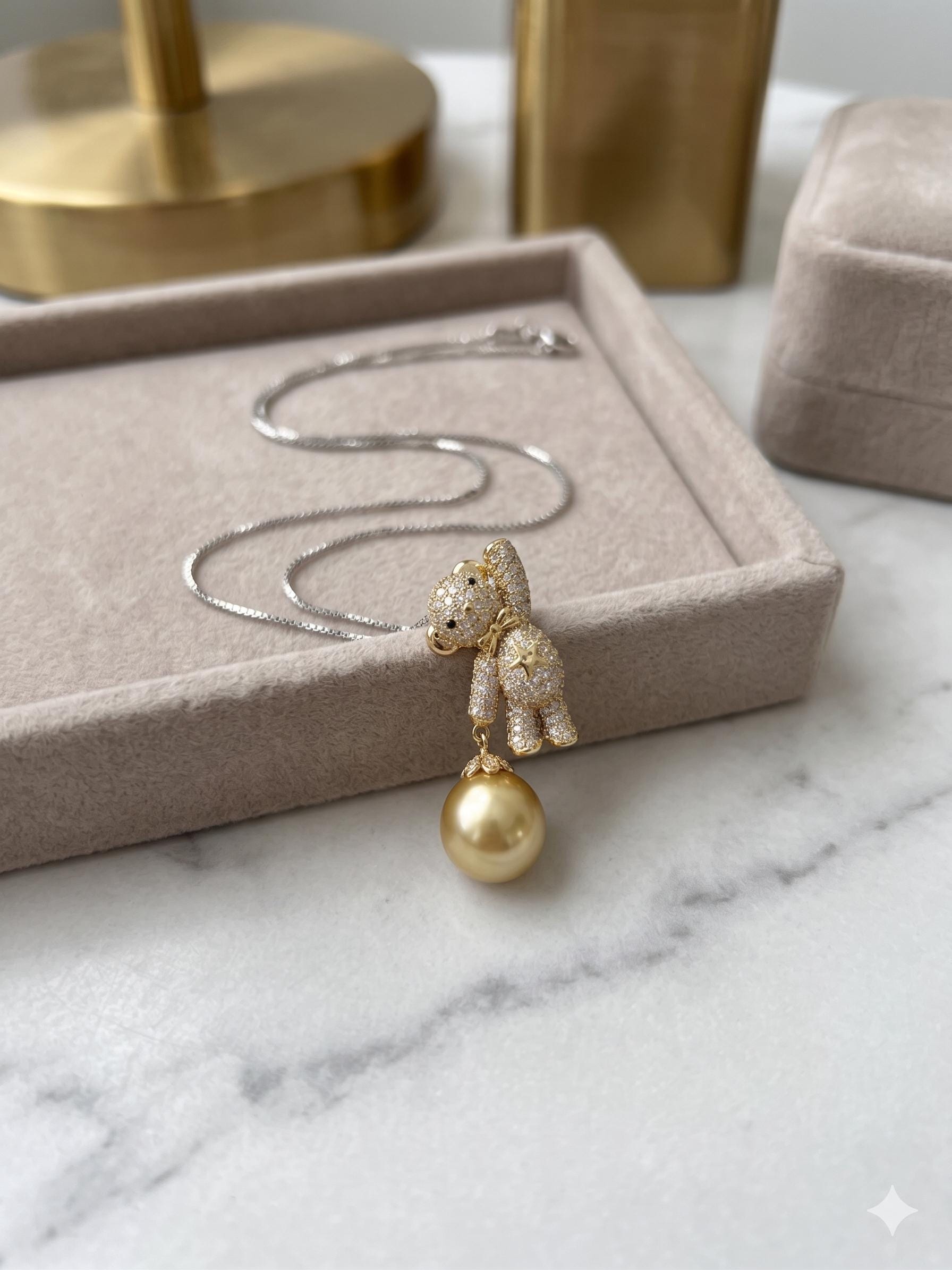 South Sea Golden Pearl Bear Brooch Pendant – 14mm, One of a Kind