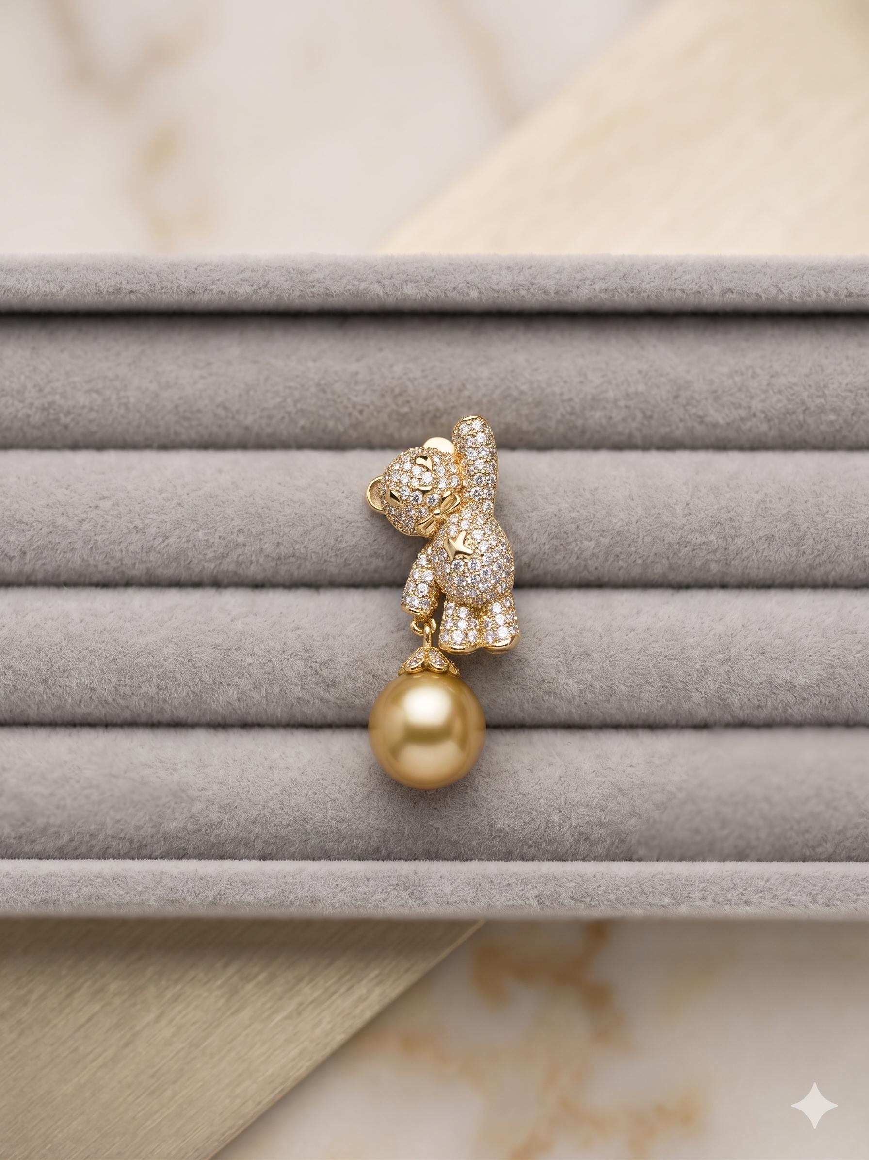 South Sea Golden Pearl Bear Brooch Pendant – 14mm, One of a Kind