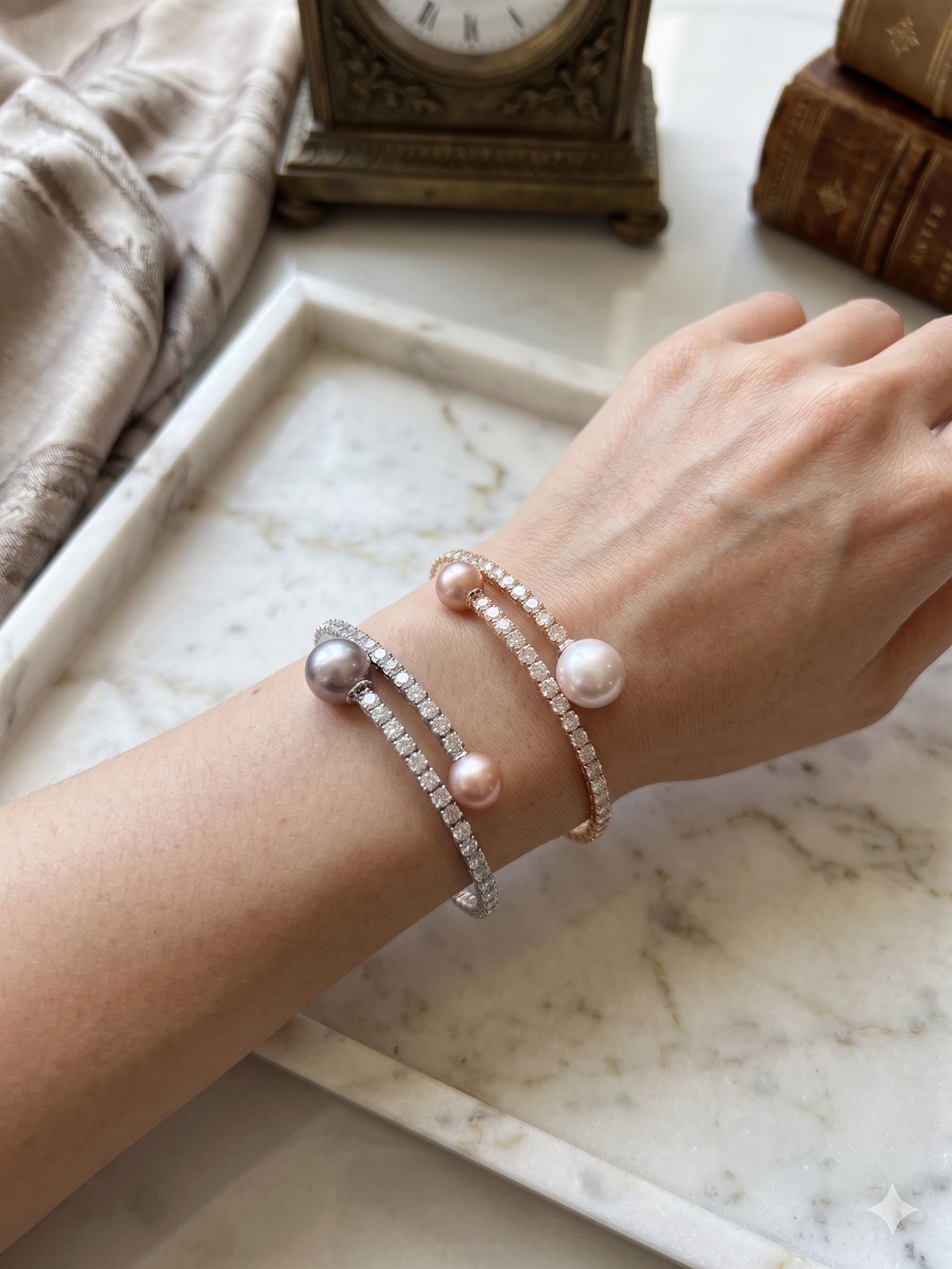 Double Edison Pearl Cuff Bracelet — Pink & Purple, Adjustable