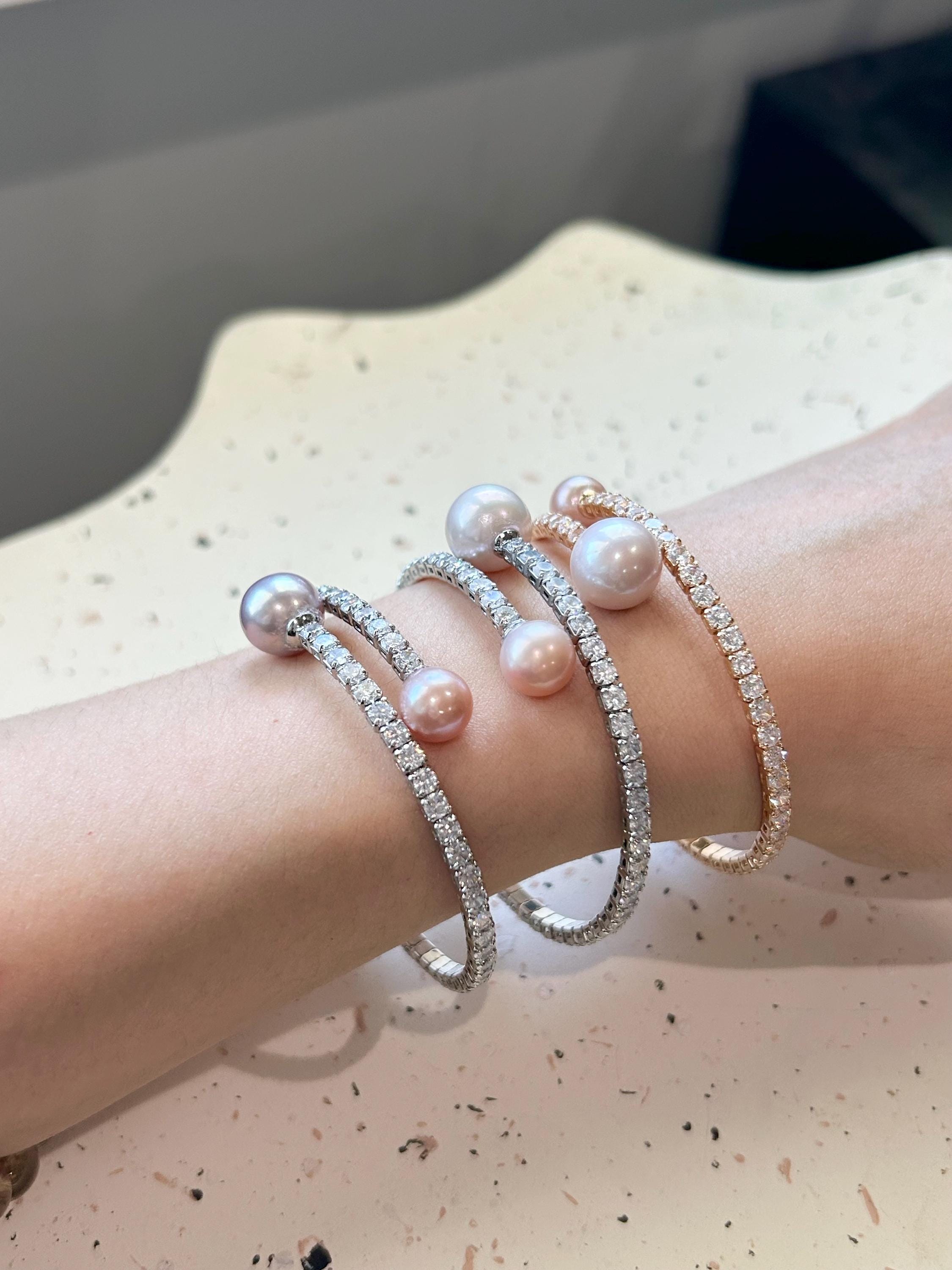 Double Edison Pearl Cuff Bracelet — Pink & Purple, Adjustable