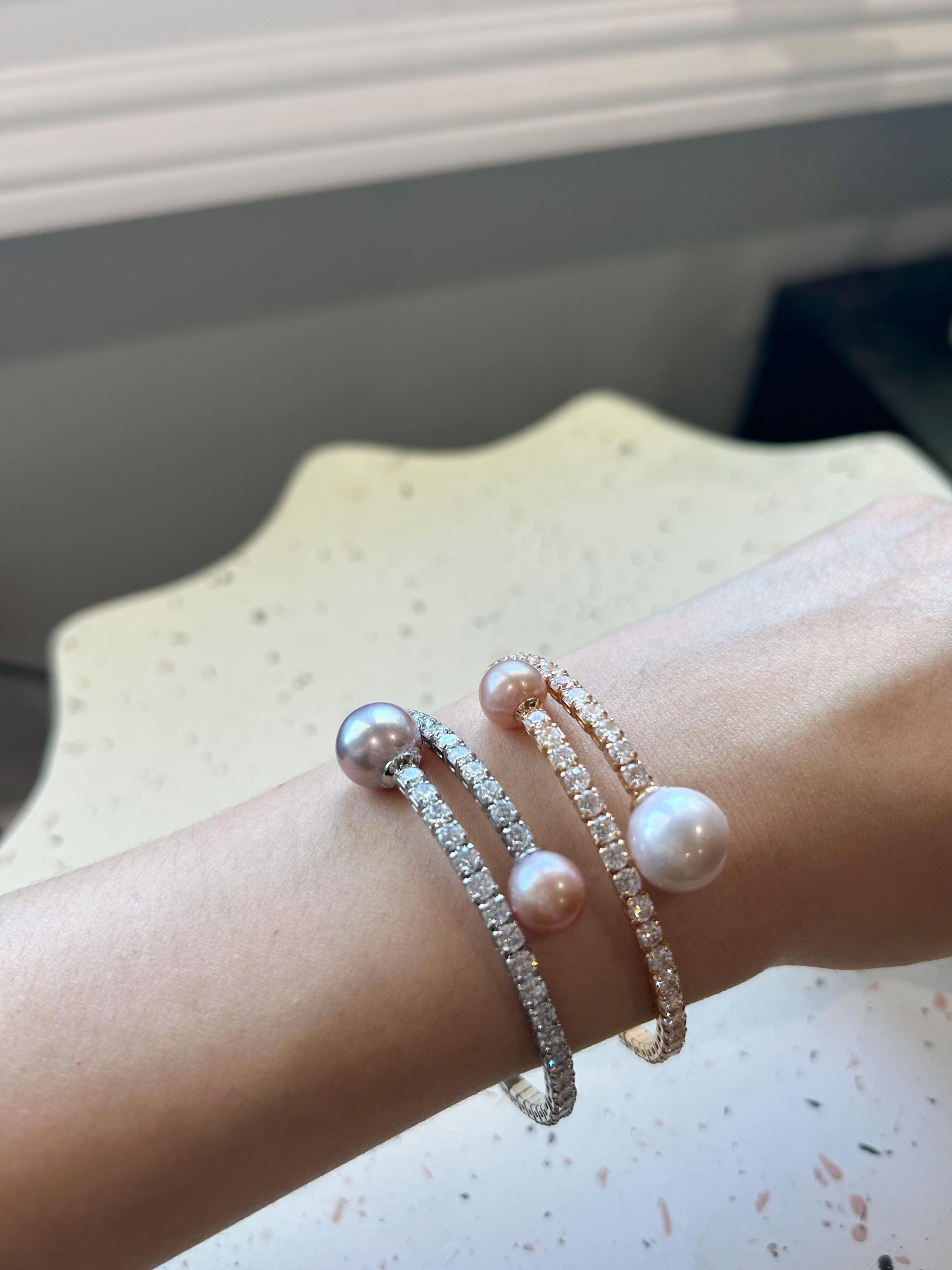 Double Edison Pearl Cuff Bracelet — Pink & Purple, Adjustable