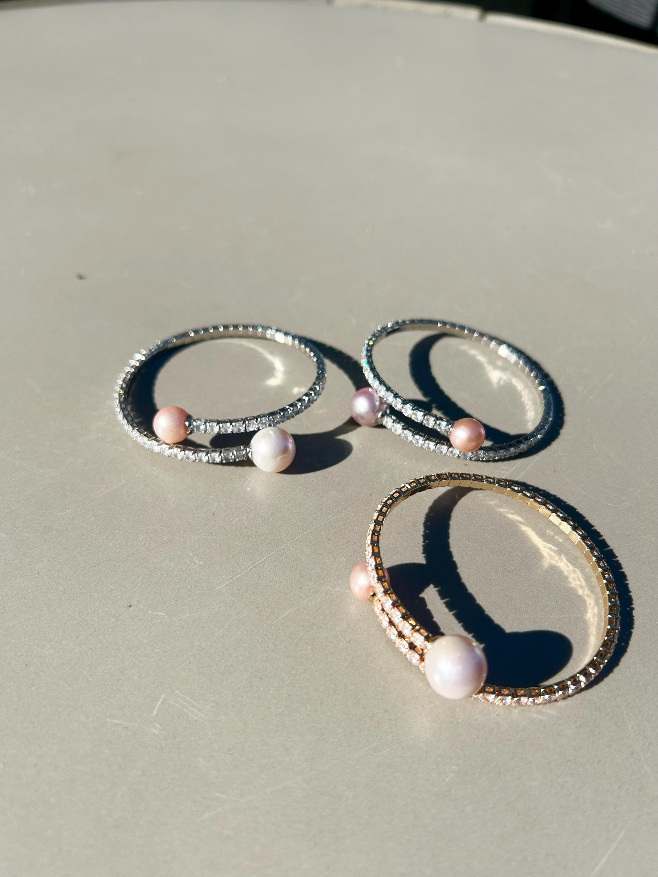 Double Edison Pearl Cuff Bracelet — Pink & Purple, Adjustable