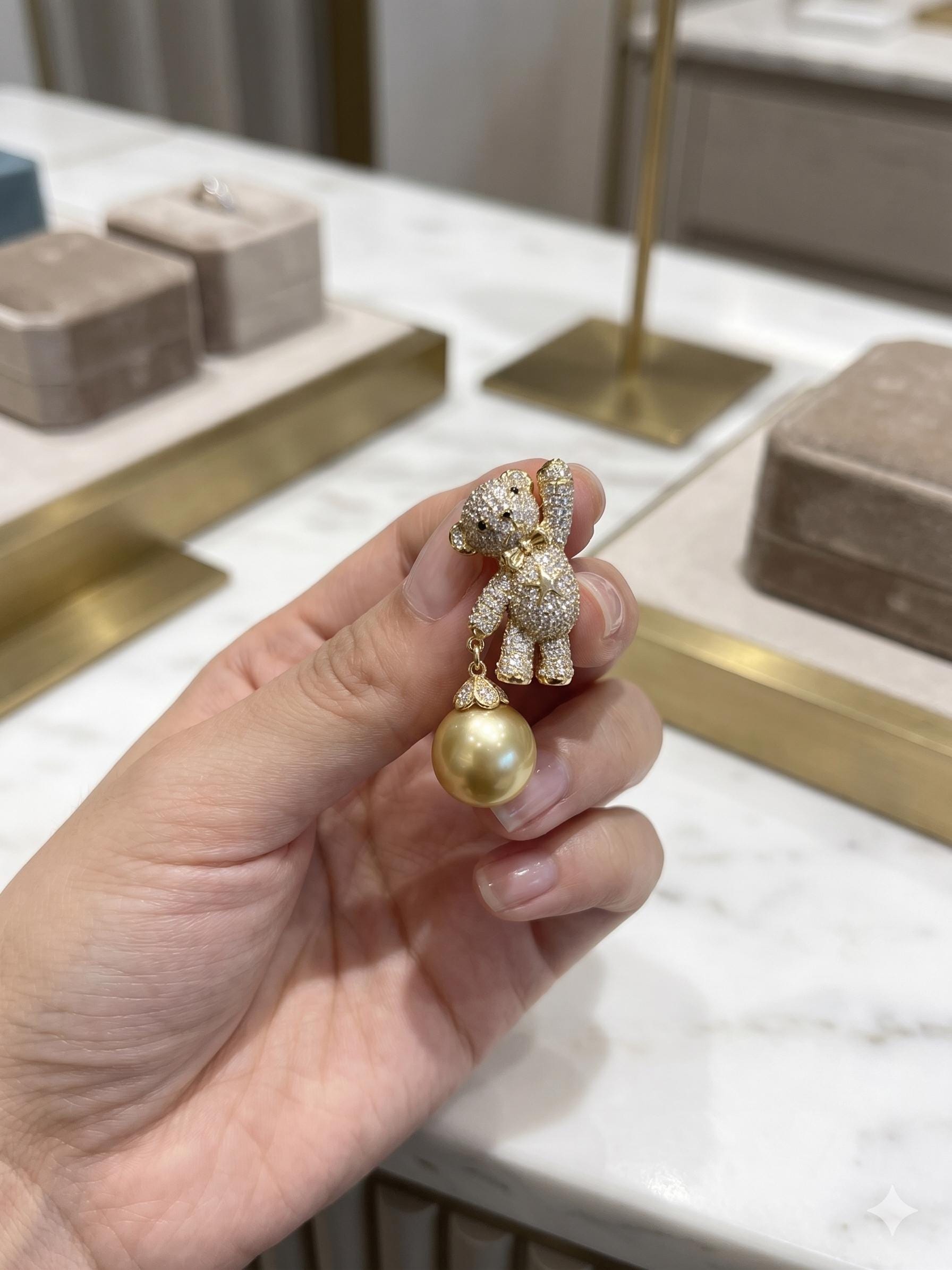 South Sea Golden Pearl Bear Brooch Pendant – 14mm, One of a Kind