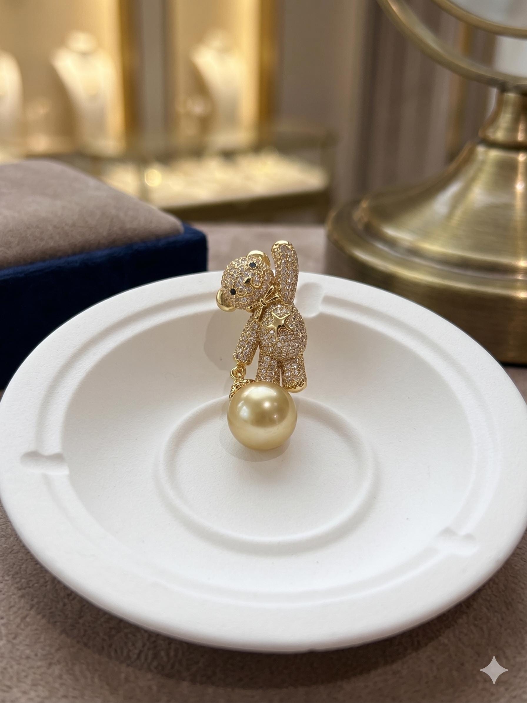 South Sea Golden Pearl Bear Brooch Pendant – 14mm, One of a Kind