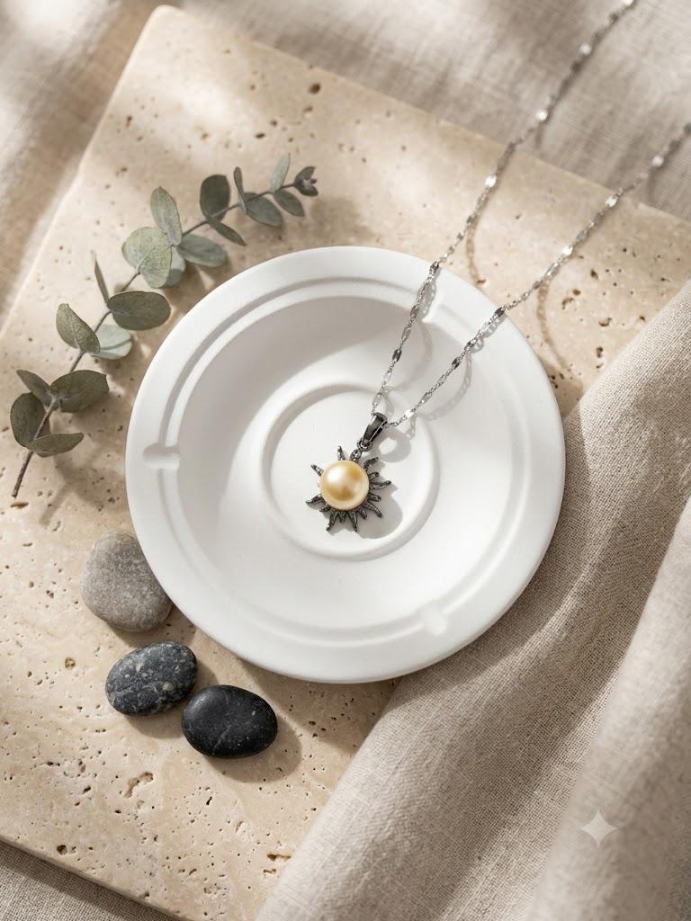 South Sea Golden Pearl Sun Pendant Necklace – ~12mm, Stainless Steel