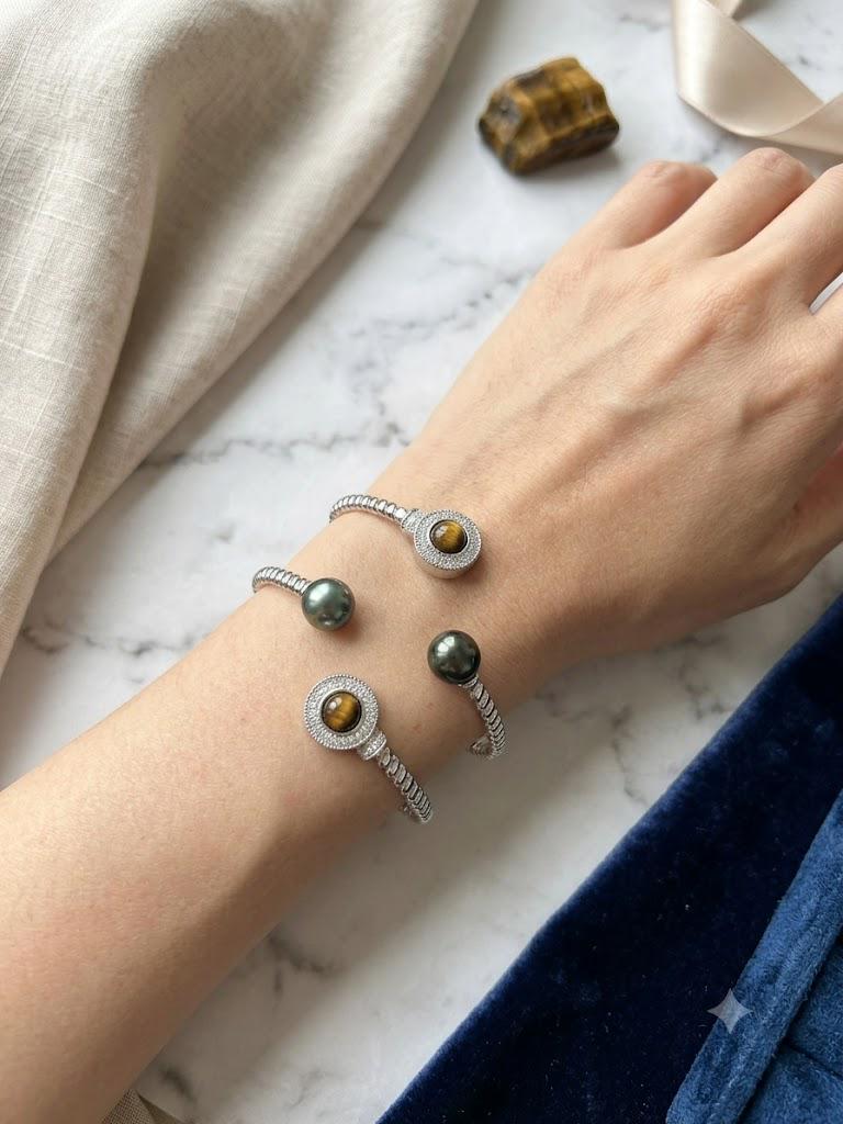 Tahitian Pearl & Tiger Eye Cuff Bracelet – Twisted Rope Open Cuff