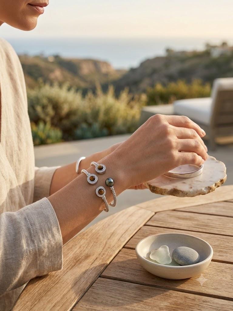 Tahitian Pearl & Tiger Eye Cuff Bracelet – Twisted Rope Open Cuff