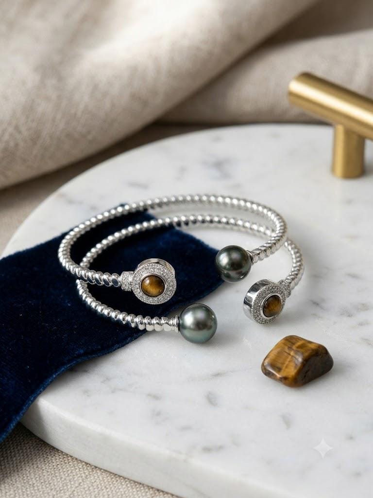 Tahitian Pearl & Tiger Eye Cuff Bracelet – Twisted Rope Open Cuff