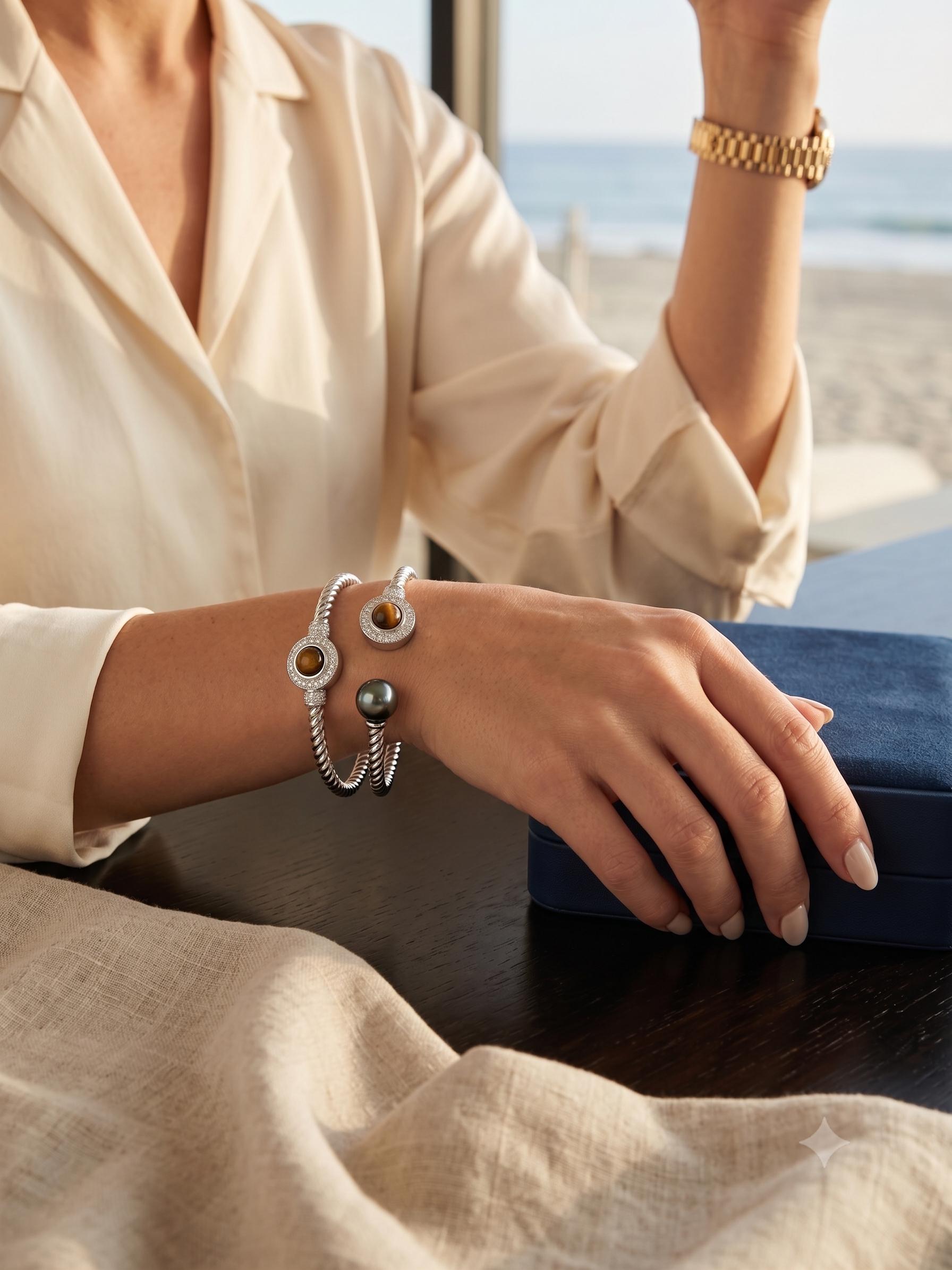 Tahitian Pearl & Tiger Eye Cuff Bracelet – Twisted Rope Open Cuff