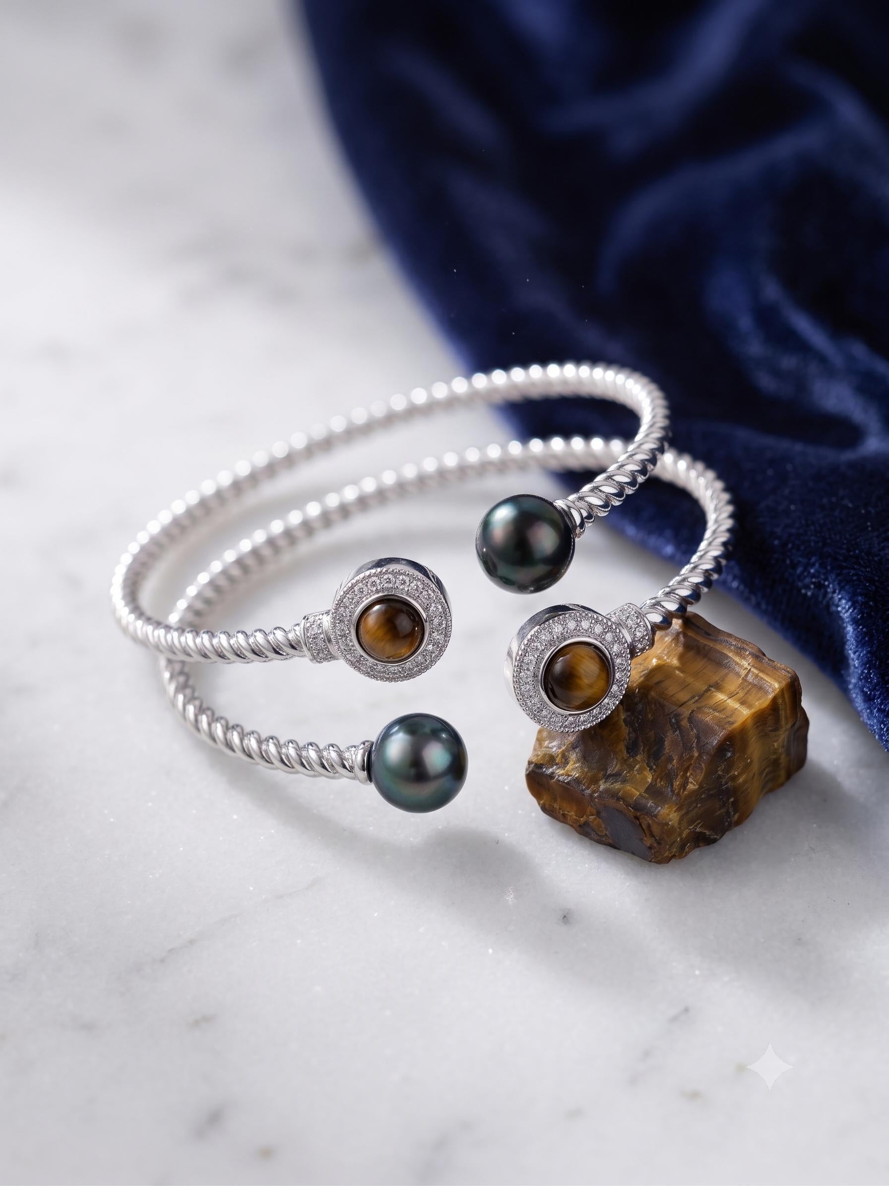 Tahitian Pearl & Tiger Eye Cuff Bracelet – Twisted Rope Open Cuff