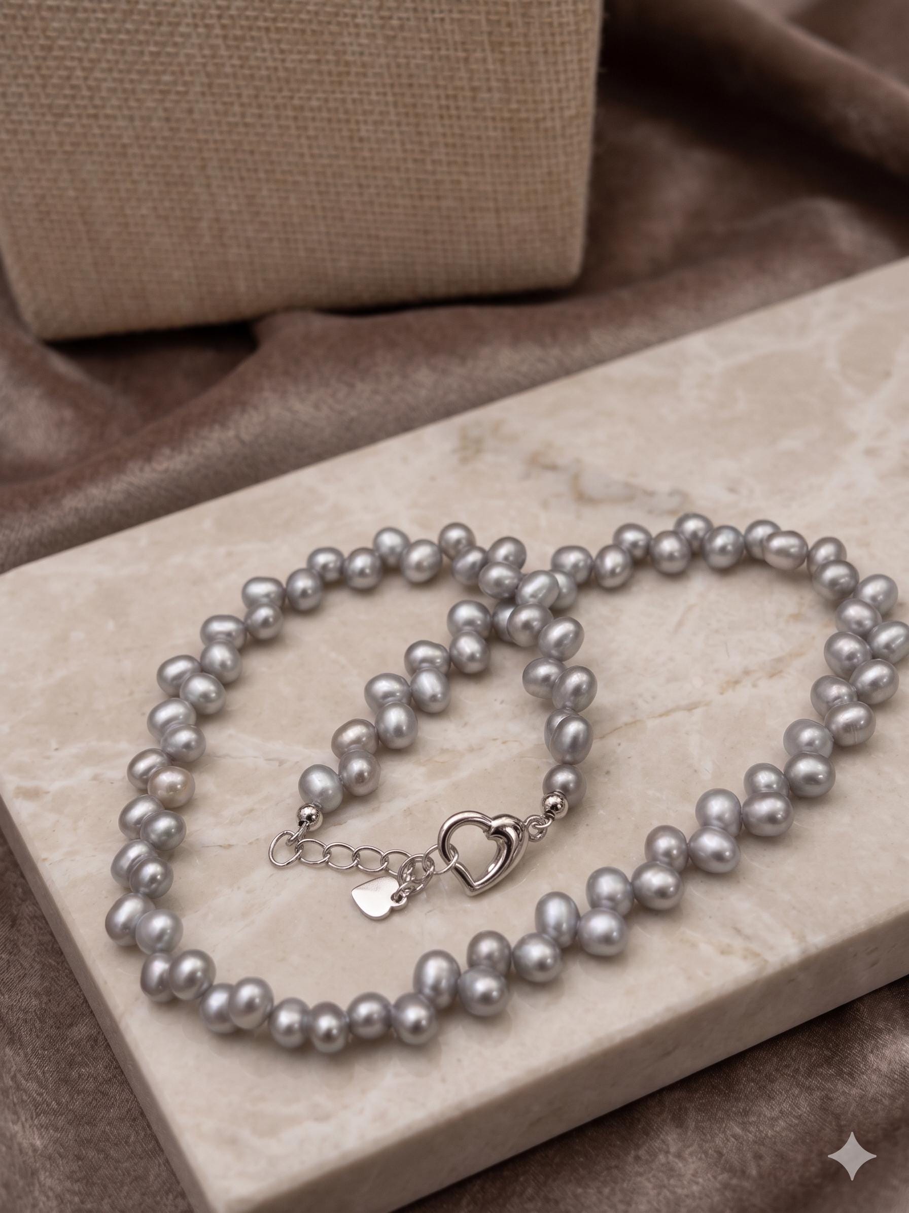 Silvery Grey Woven Pearl Necklace – Braided, Bridal Statement