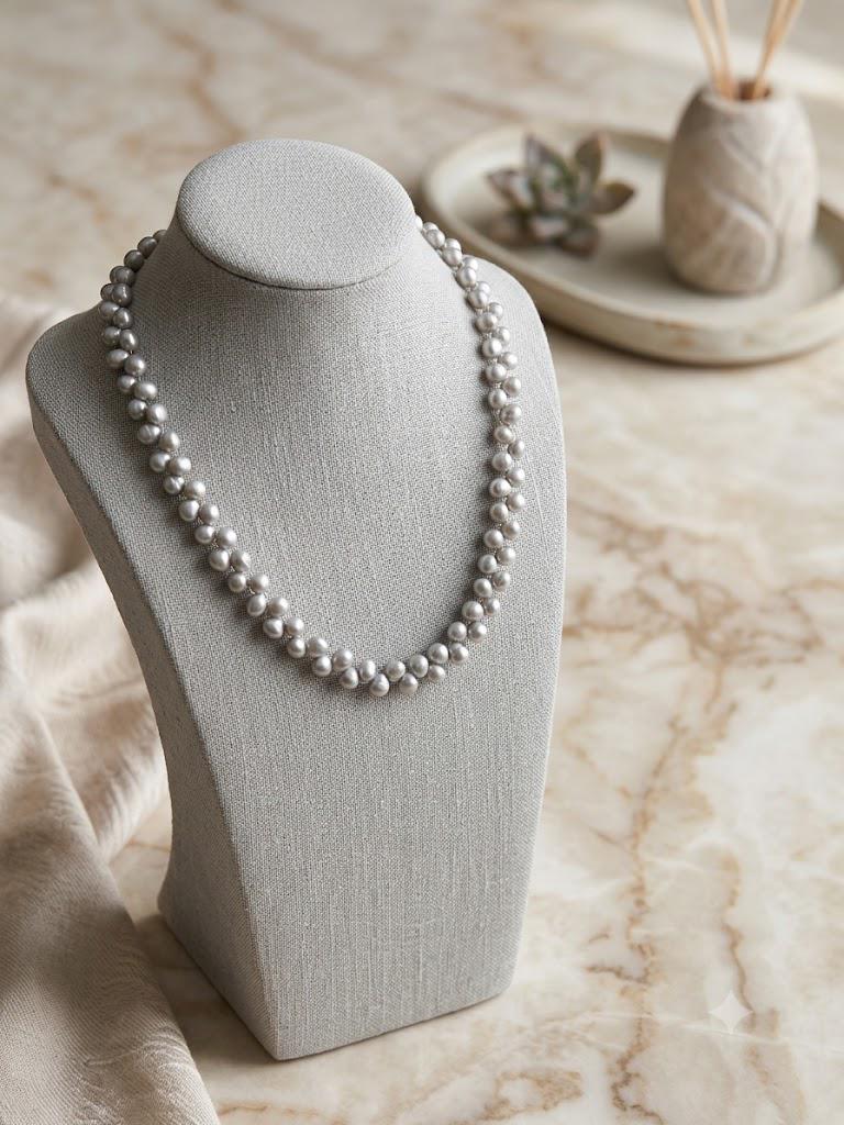 Silvery Grey Woven Pearl Necklace – Braided, Bridal Statement