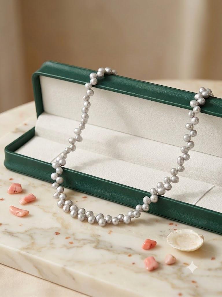 Silvery Grey Woven Pearl Necklace – Braided, Bridal Statement