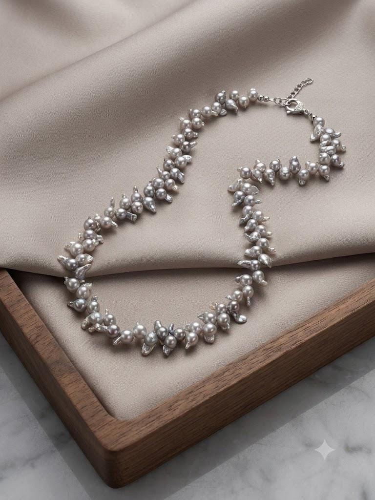 Blue Akoya Baroque Pearl Necklace – Rare Size, Iridescent Blue