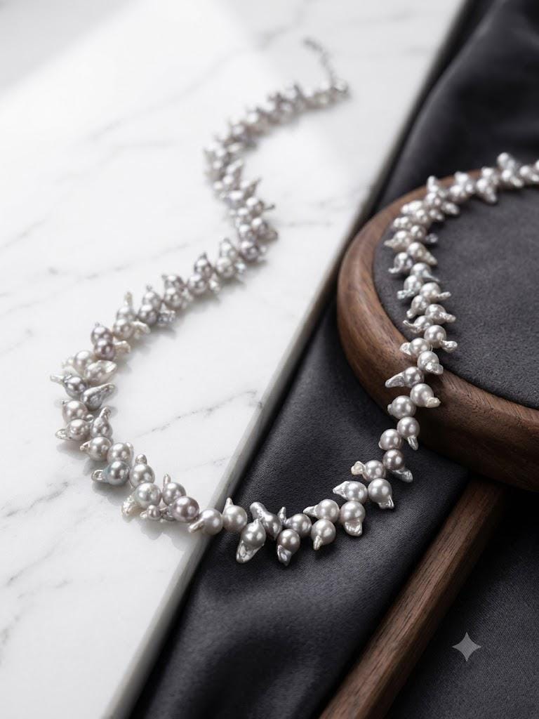 Blue Akoya Baroque Pearl Necklace – Rare Size, Iridescent Blue