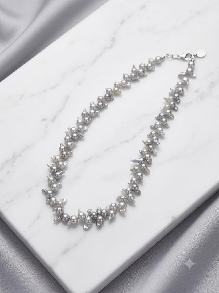Blue Akoya Baroque Pearl Necklace – Rare Size, Iridescent Blue