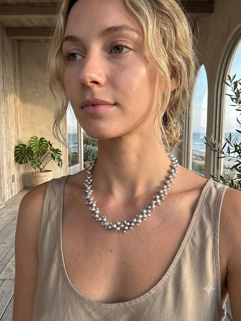 Blue Akoya Baroque Pearl Necklace – Rare Size, Iridescent Blue