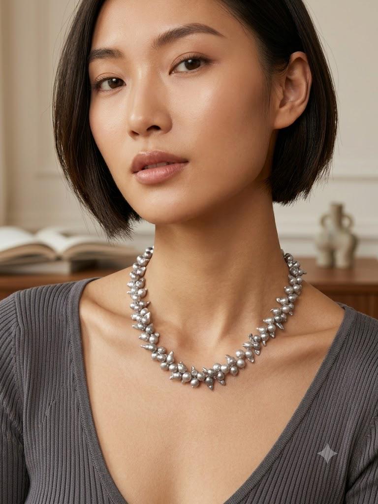 Blue Akoya Baroque Pearl Necklace – Rare Size, Iridescent Blue