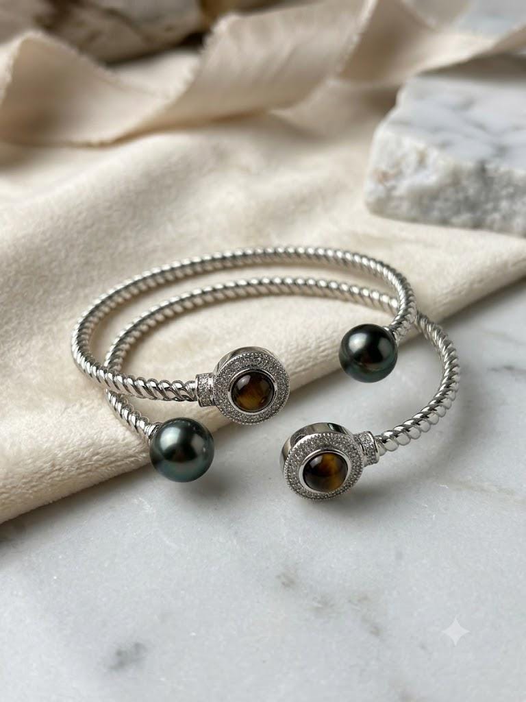 Tahitian Pearl & Tiger Eye Cuff Bracelet – Twisted Rope Open Cuff