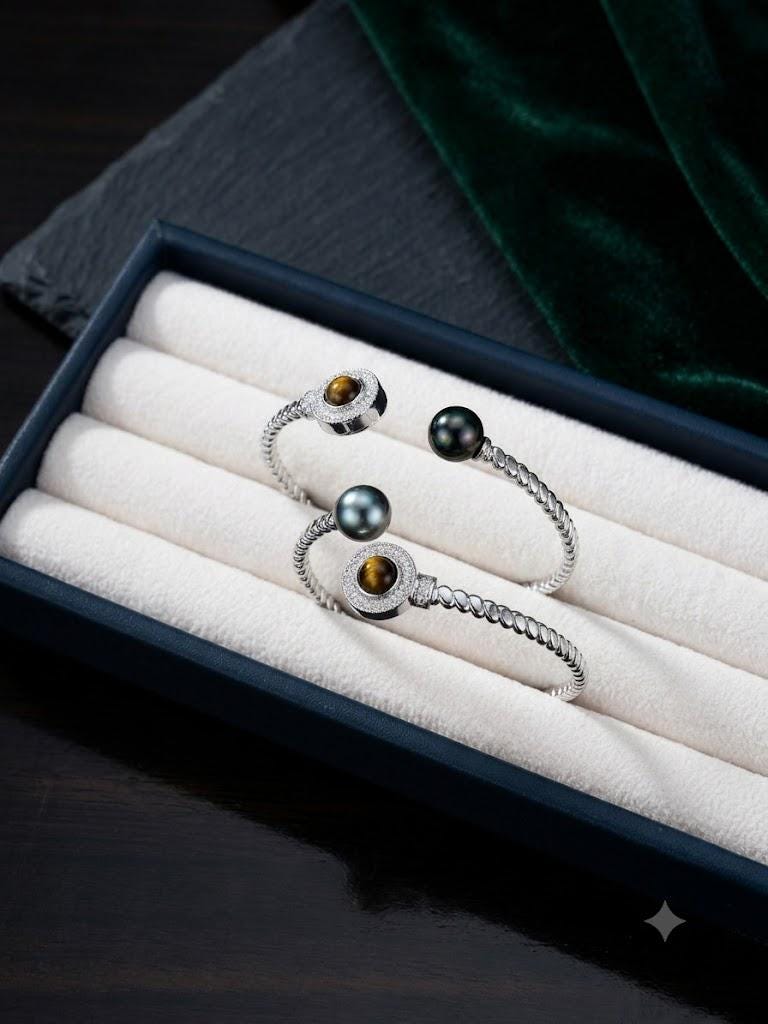 Tahitian Pearl & Tiger Eye Cuff Bracelet – Twisted Rope Open Cuff