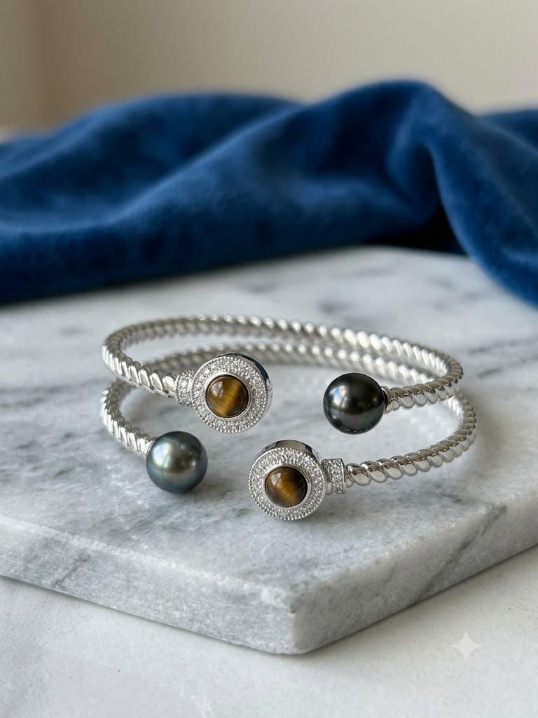 Tahitian Pearl & Tiger Eye Cuff Bracelet – Twisted Rope Open Cuff