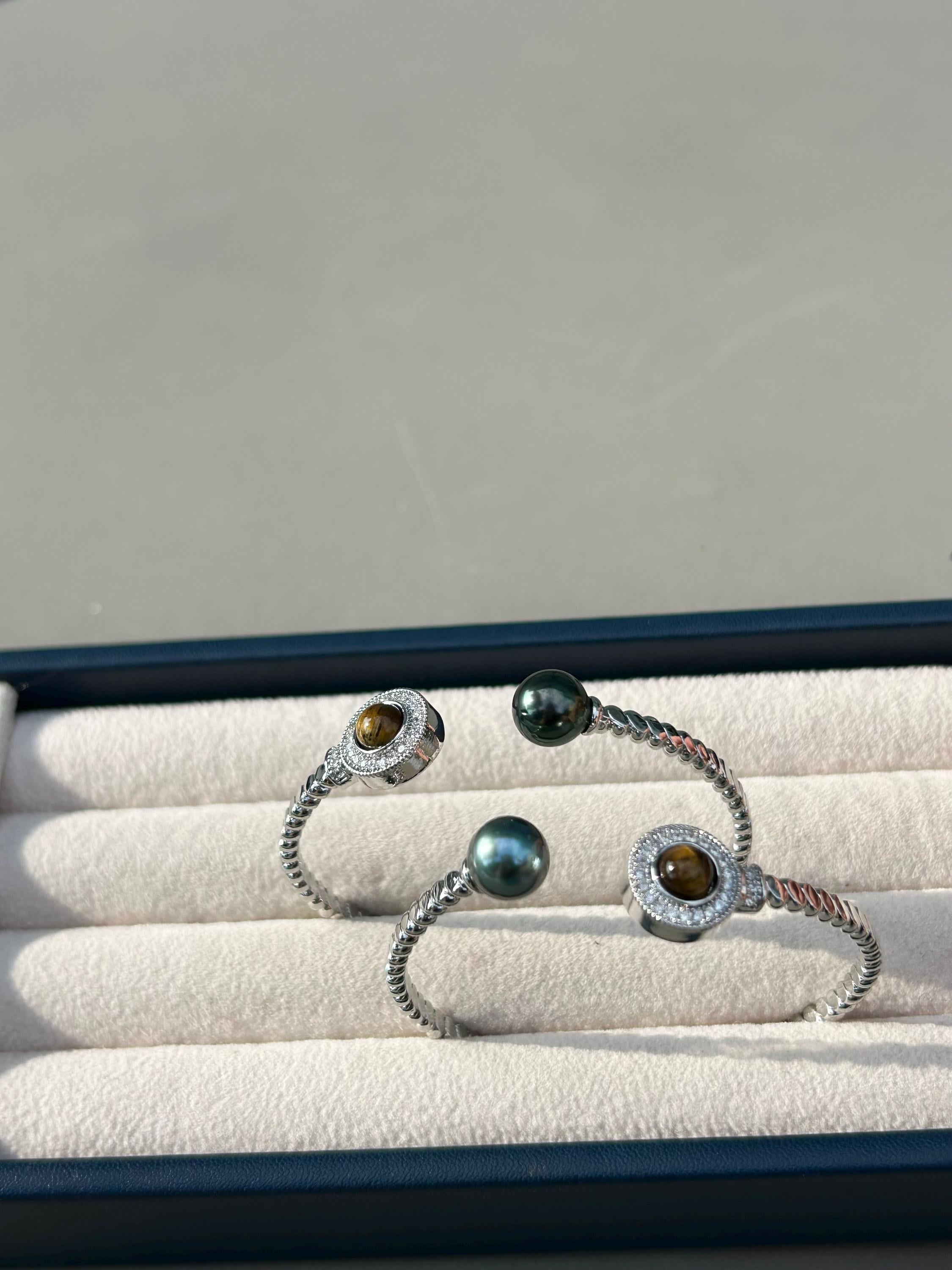 Tahitian Pearl & Tiger Eye Cuff Bracelet – Twisted Rope Open Cuff