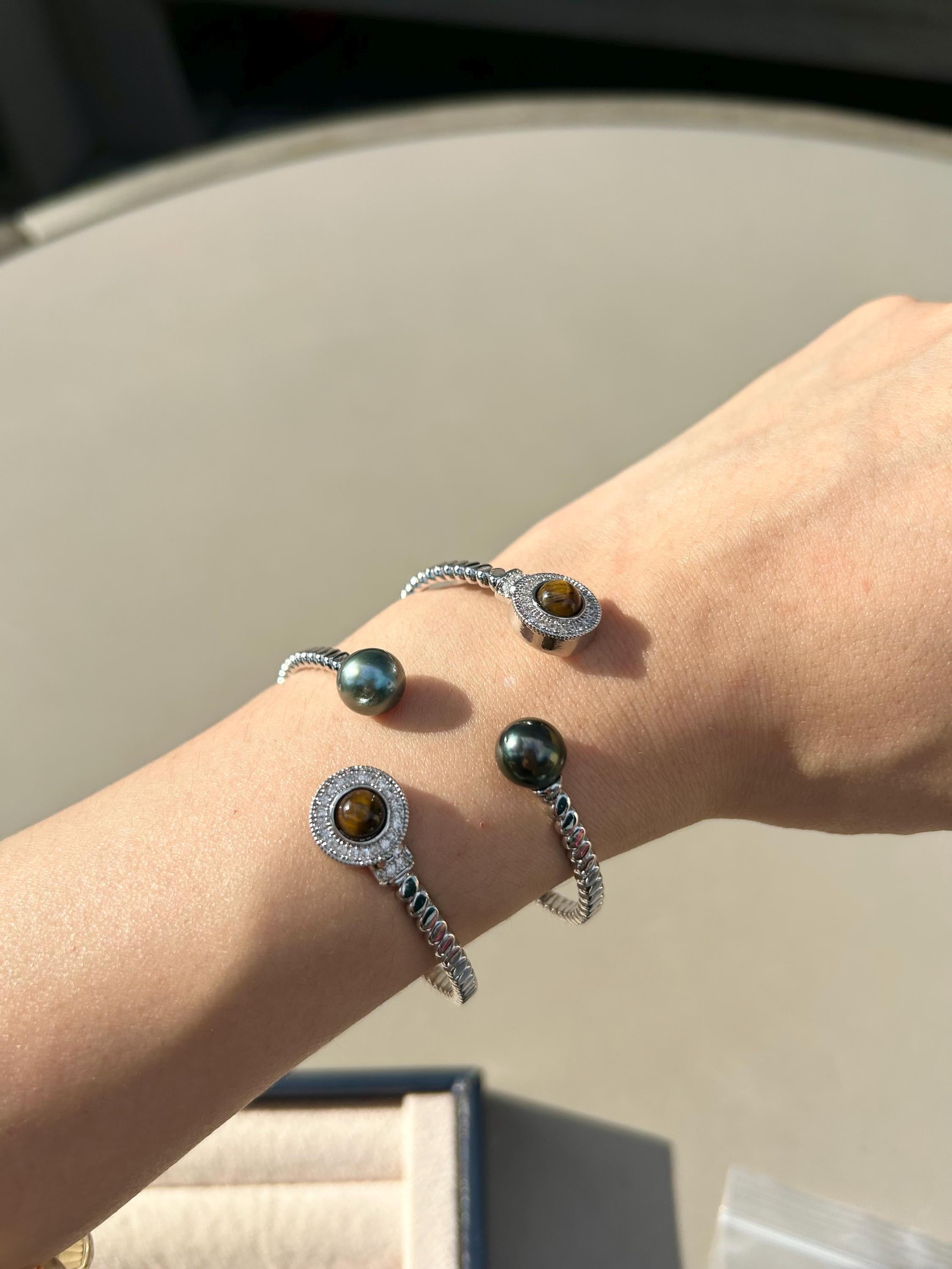 Tahitian Pearl & Tiger Eye Cuff Bracelet – Twisted Rope Open Cuff