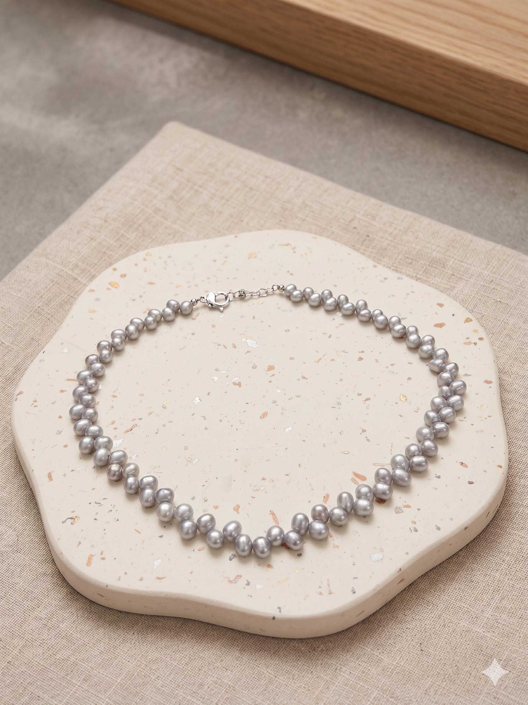 Silvery Grey Woven Pearl Necklace – Braided, Bridal Statement