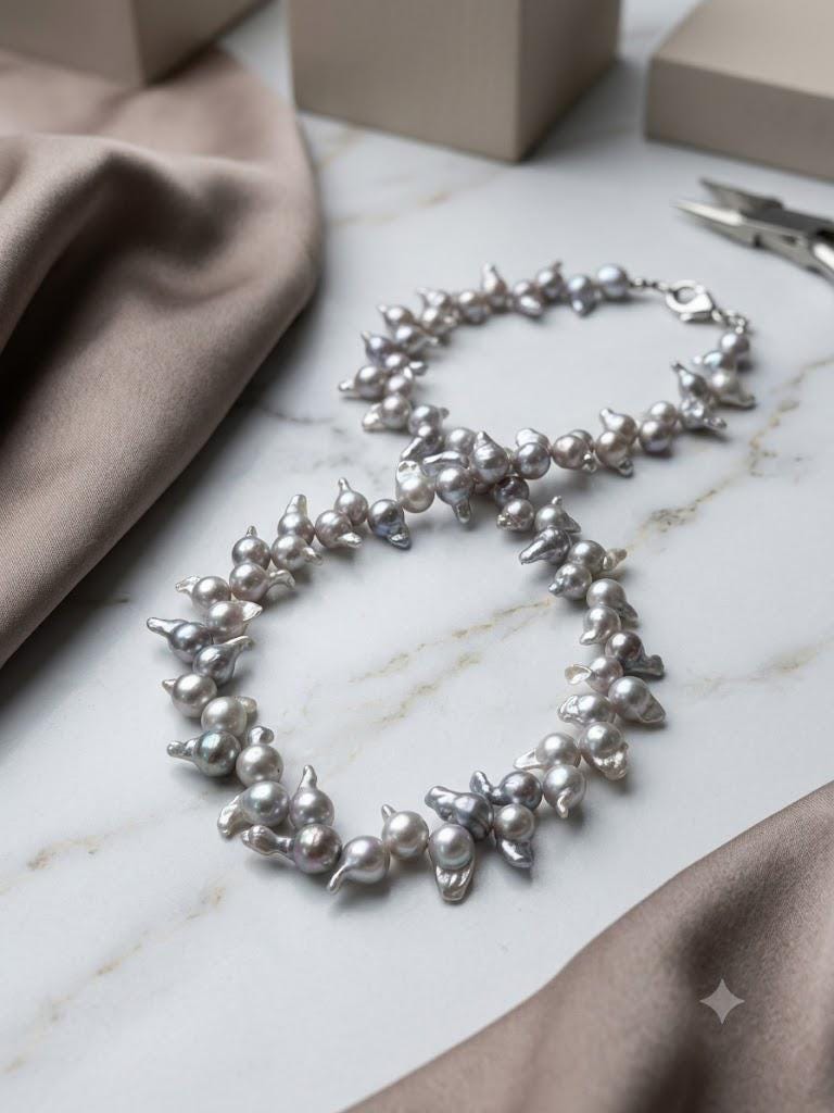 Blue Akoya Baroque Pearl Necklace – Rare Size, Iridescent Blue