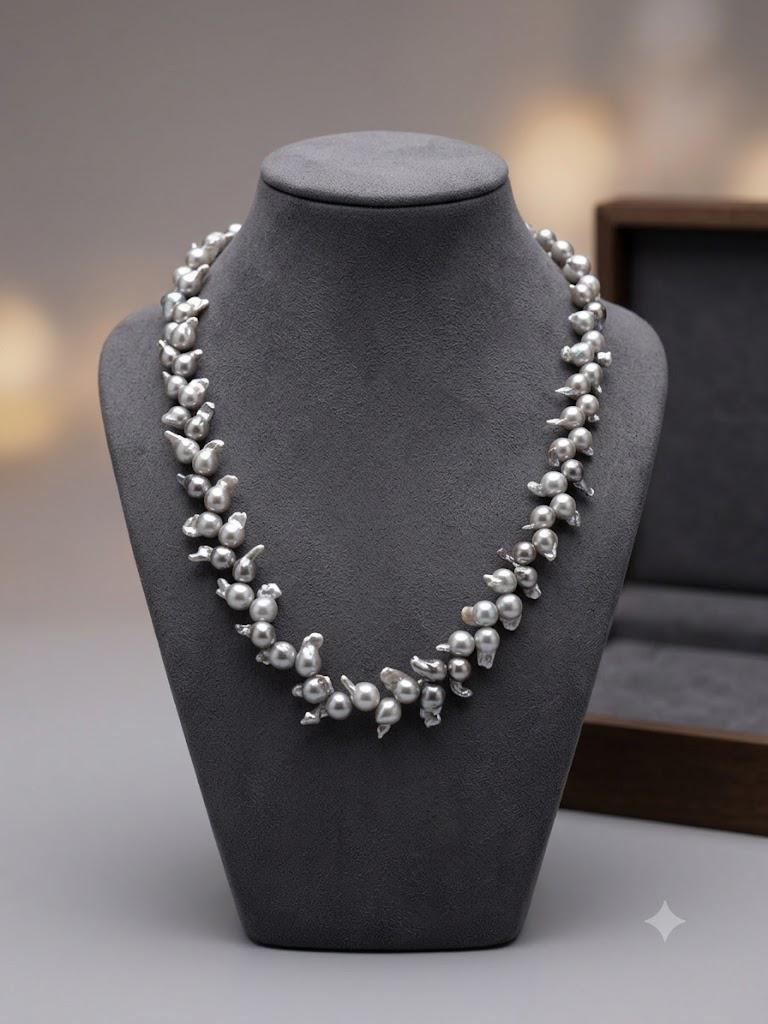 Blue Akoya Baroque Pearl Necklace – Rare Size, Iridescent Blue