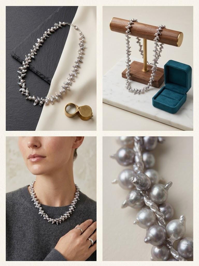 Blue Akoya Baroque Pearl Necklace – Rare Size, Iridescent Blue