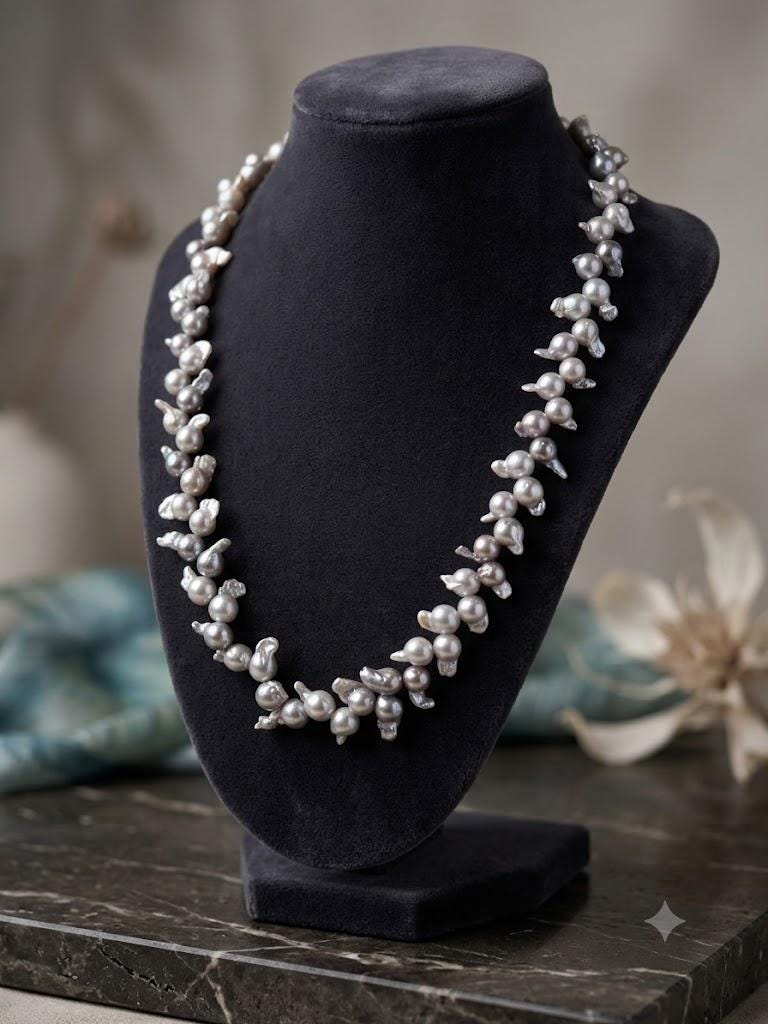 Blue Akoya Baroque Pearl Necklace – Rare Size, Iridescent Blue