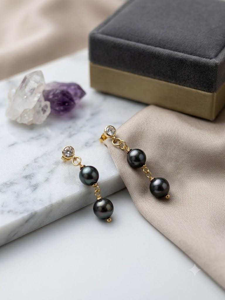 Tahitian Peacock Pearl Drop Earrings – 8–9mm Dangle