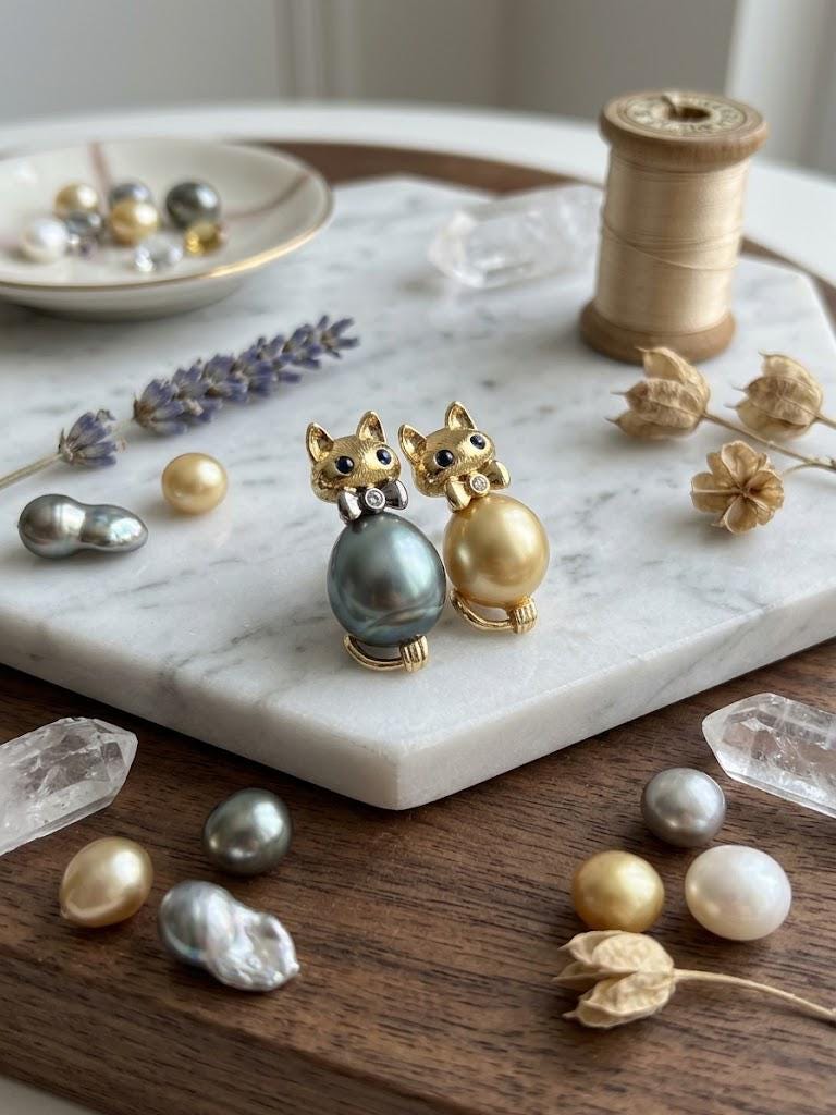 Pearl Cat Pendant Necklace – Tahitian or South Sea Golden, 12–15mm
