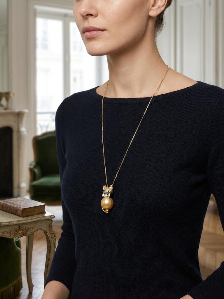Pearl Cat Pendant Necklace – Tahitian or South Sea Golden, 12–15mm