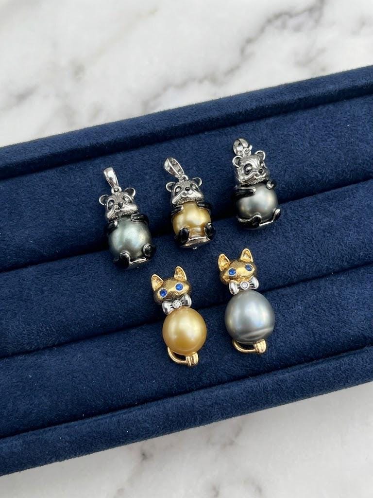 Pearl Cat Pendant Necklace – Tahitian or South Sea Golden, 12–15mm