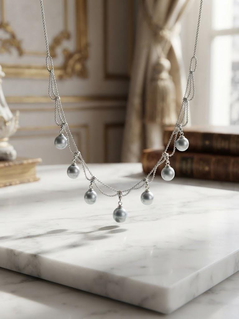 Blue Akoya Pearl Festoon Necklace – Silvery-Blue Drops, 8–9mm