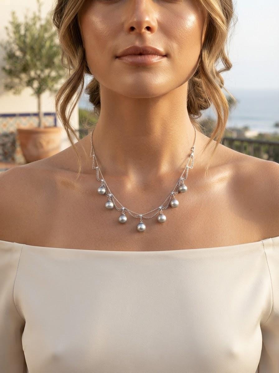 Blue Akoya Pearl Festoon Necklace – Silvery-Blue Drops, 8–9mm