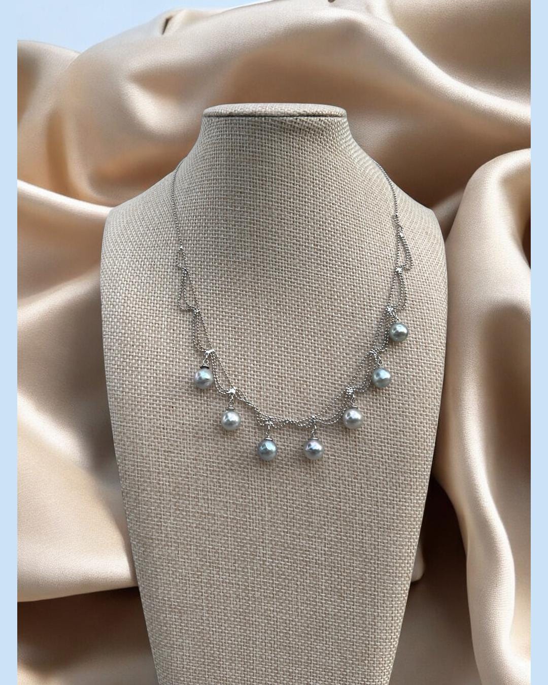 Blue Akoya Pearl Festoon Necklace – Silvery-Blue Drops, 8–9mm